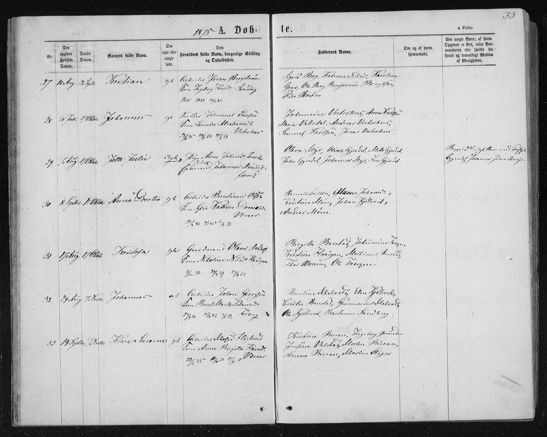 Ministerialprotokoller, klokkerbøker og fødselsregistre - Nord-Trøndelag, AV/SAT-A-1458/722/L0219: Parish register (official) no. 722A06, 1868-1880, p. 33