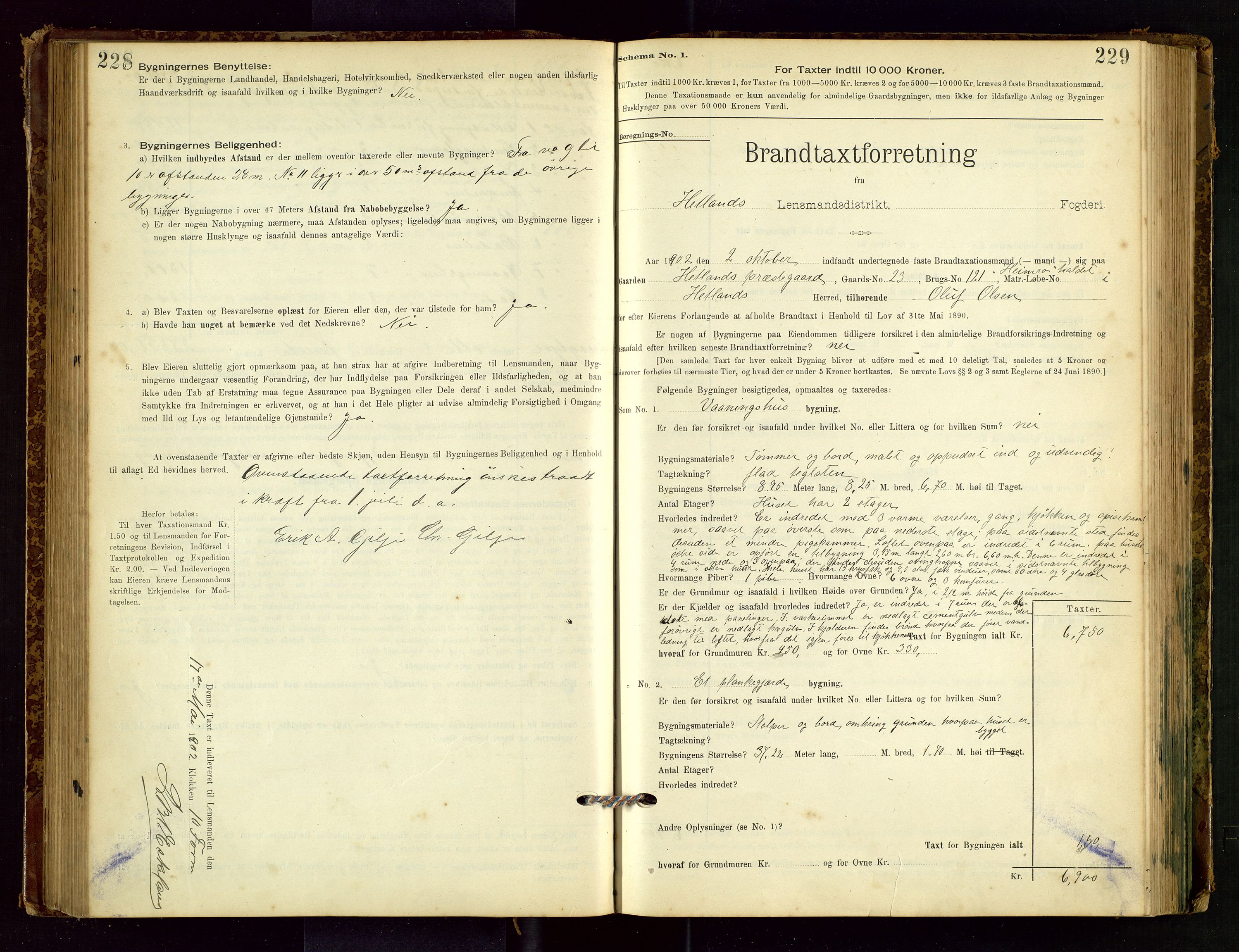 Hetland lensmannskontor, AV/SAST-A-100101/Gob/L0001: "Brandtaxationsprotokol", 1895-1918, p. 228-229