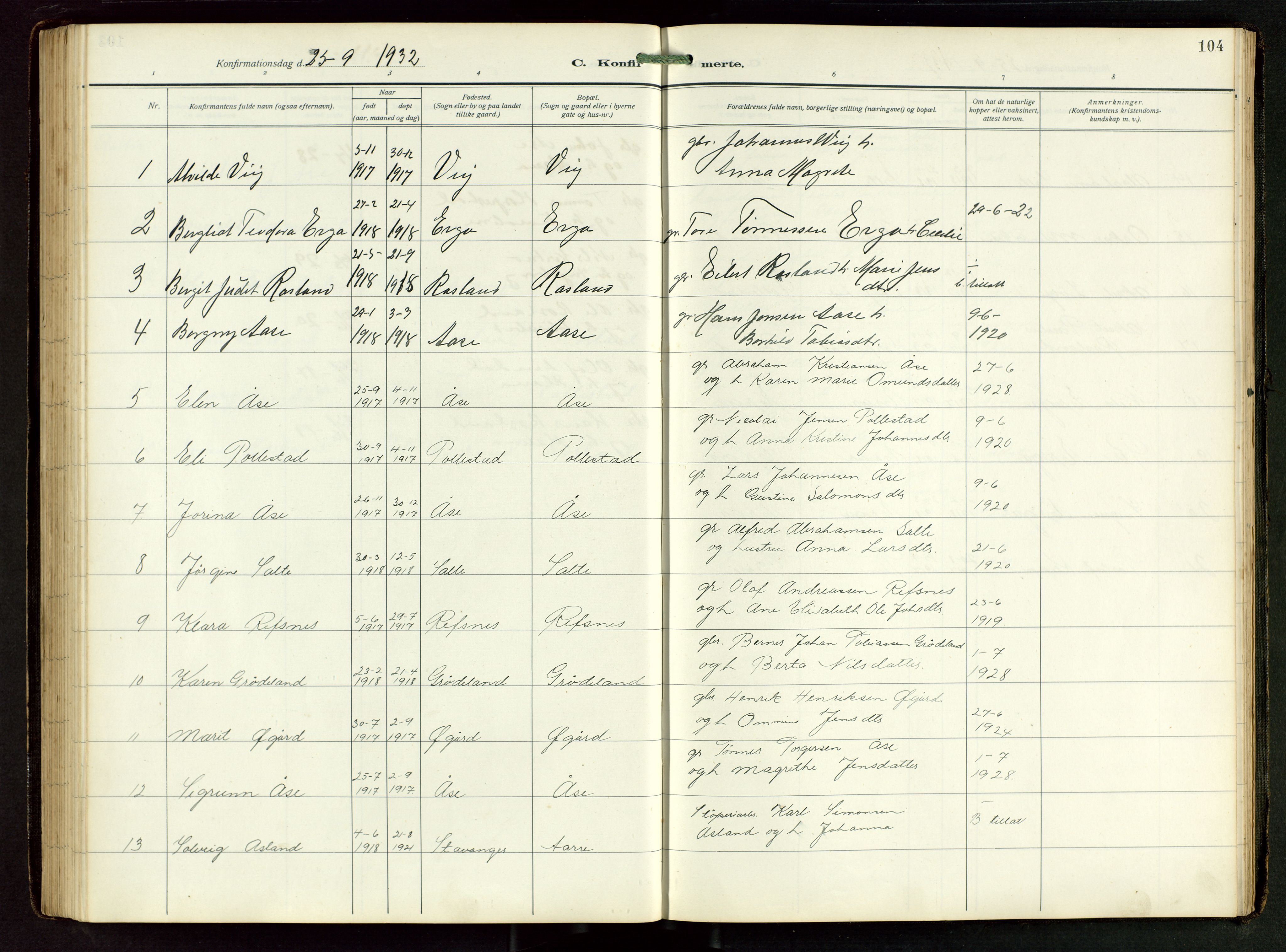 Klepp sokneprestkontor, SAST/A-101803/001/3/30BB/L0008: Parish register (copy) no. B 8, 1918-1949, p. 104