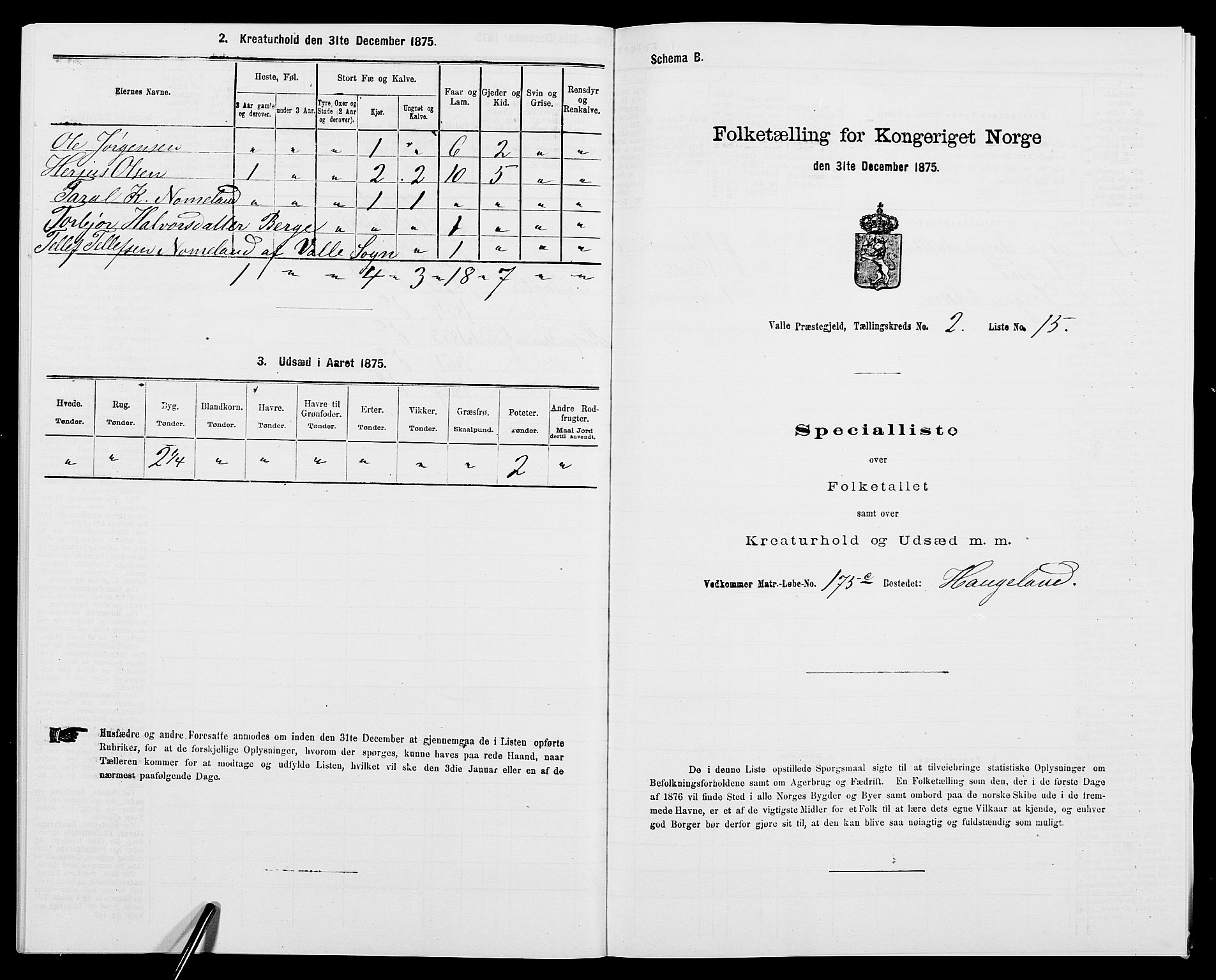 SAK, 1875 census for 0940P Valle, 1875, p. 179