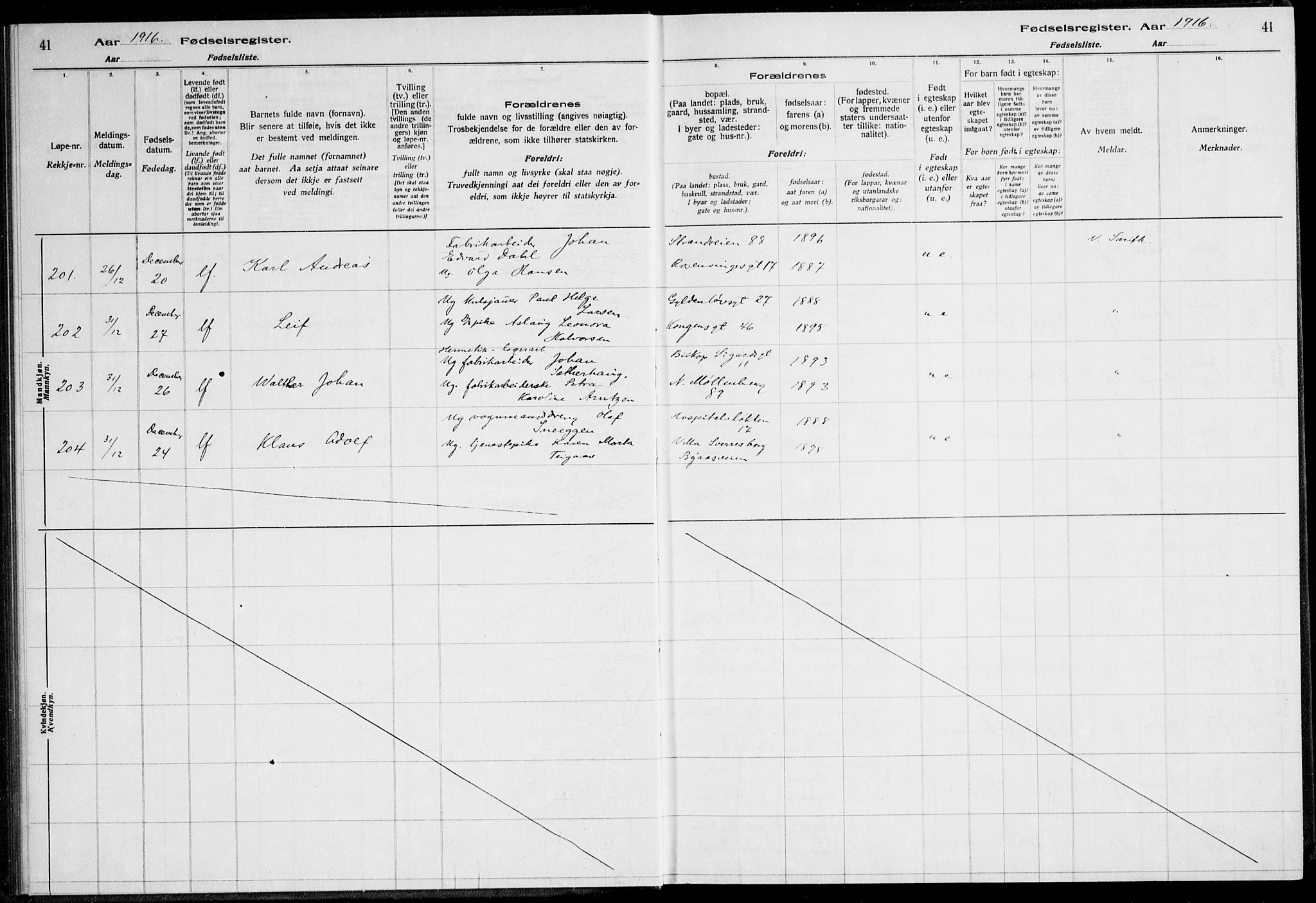 Ministerialprotokoller, klokkerbøker og fødselsregistre - Sør-Trøndelag, SAT/A-1456/600/L0002: Birth register no. 600.II.4.1, 1916-1920, p. 41