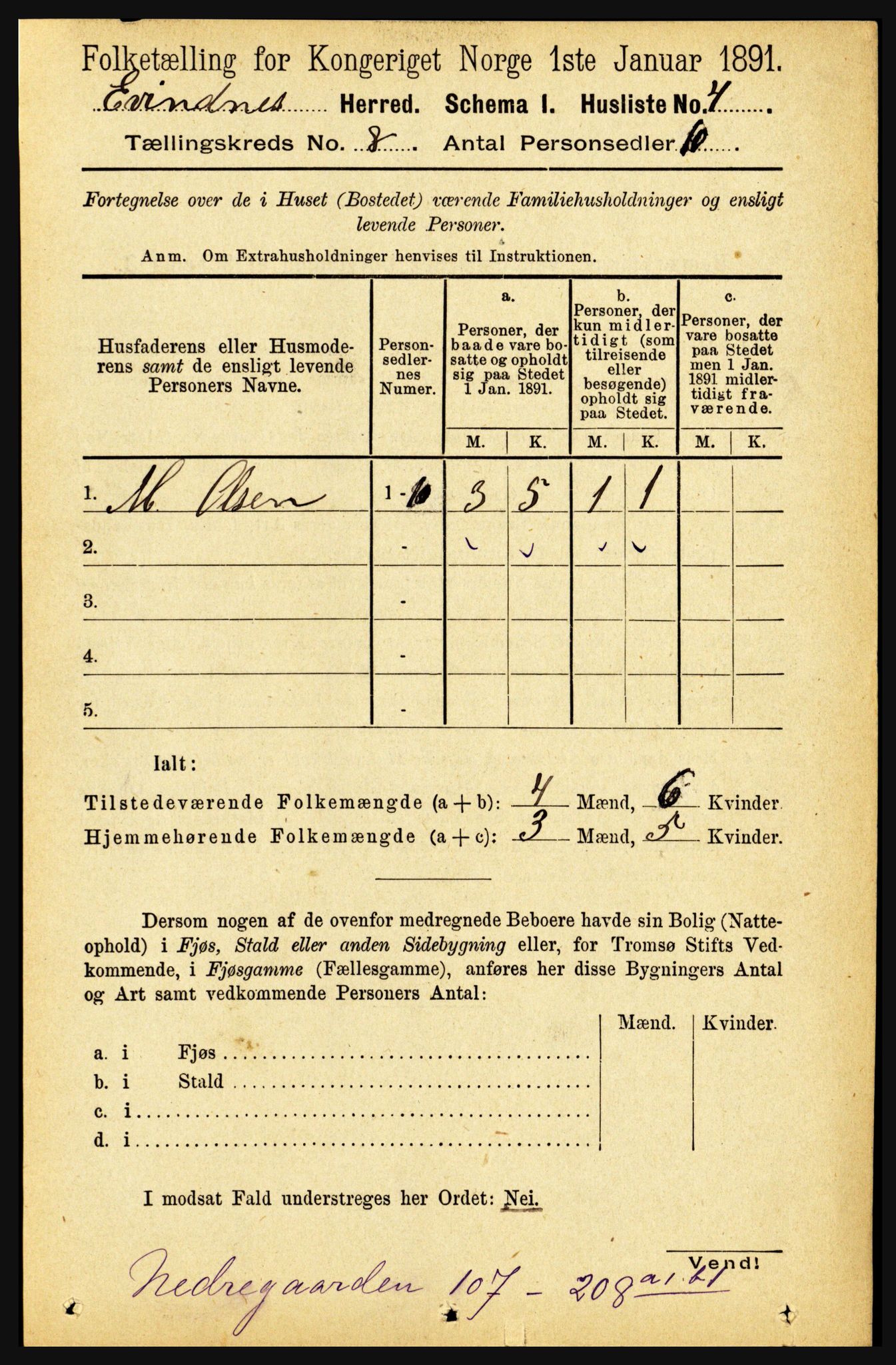 RA, 1891 census for 1853 Evenes, 1891, p. 2477