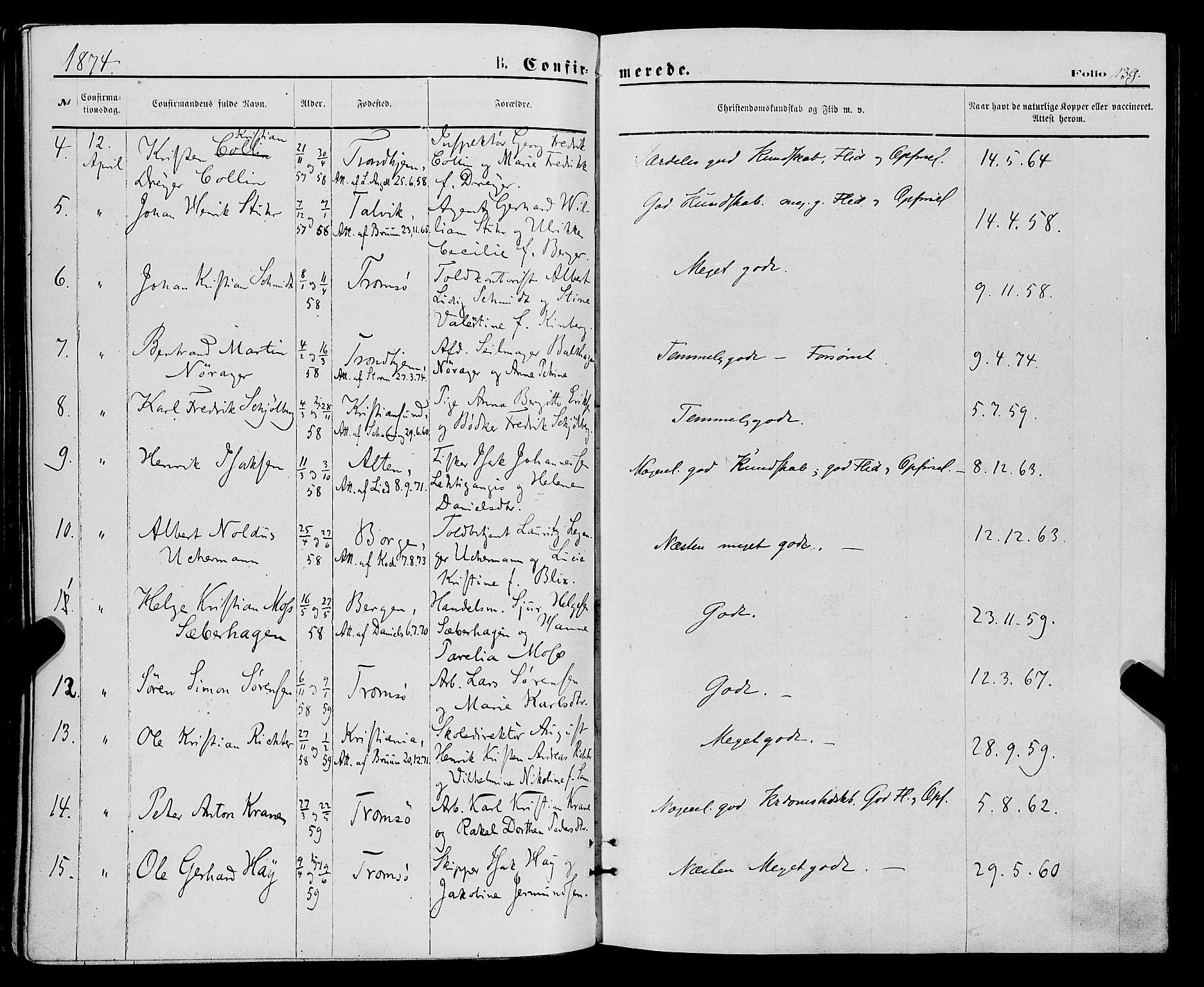 Tromsø sokneprestkontor/stiftsprosti/domprosti, SATØ/S-1343/G/Ga/L0013kirke: Parish register (official) no. 13, 1872-1877, p. 139