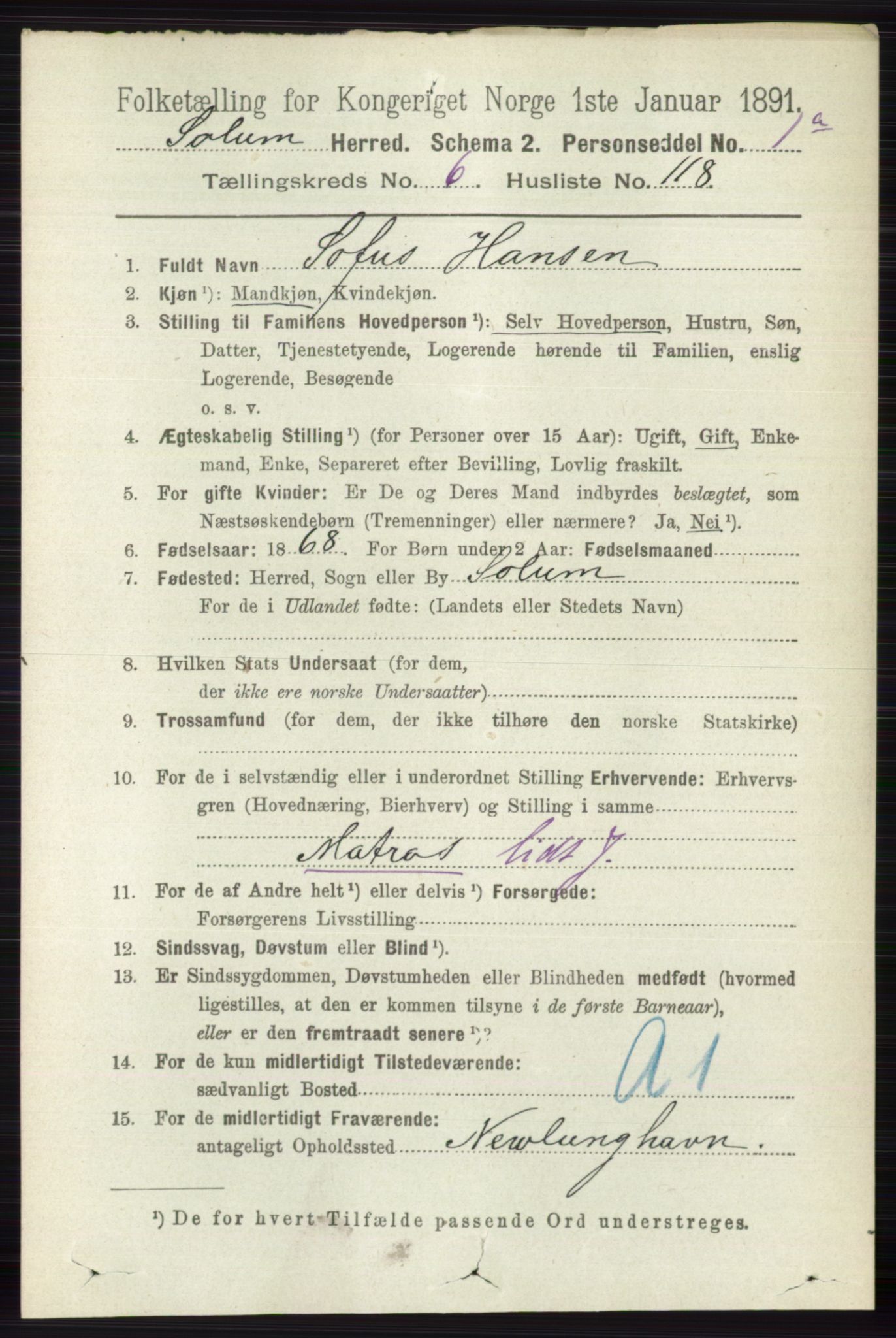 RA, 1891 census for 0818 Solum, 1891, p. 1839