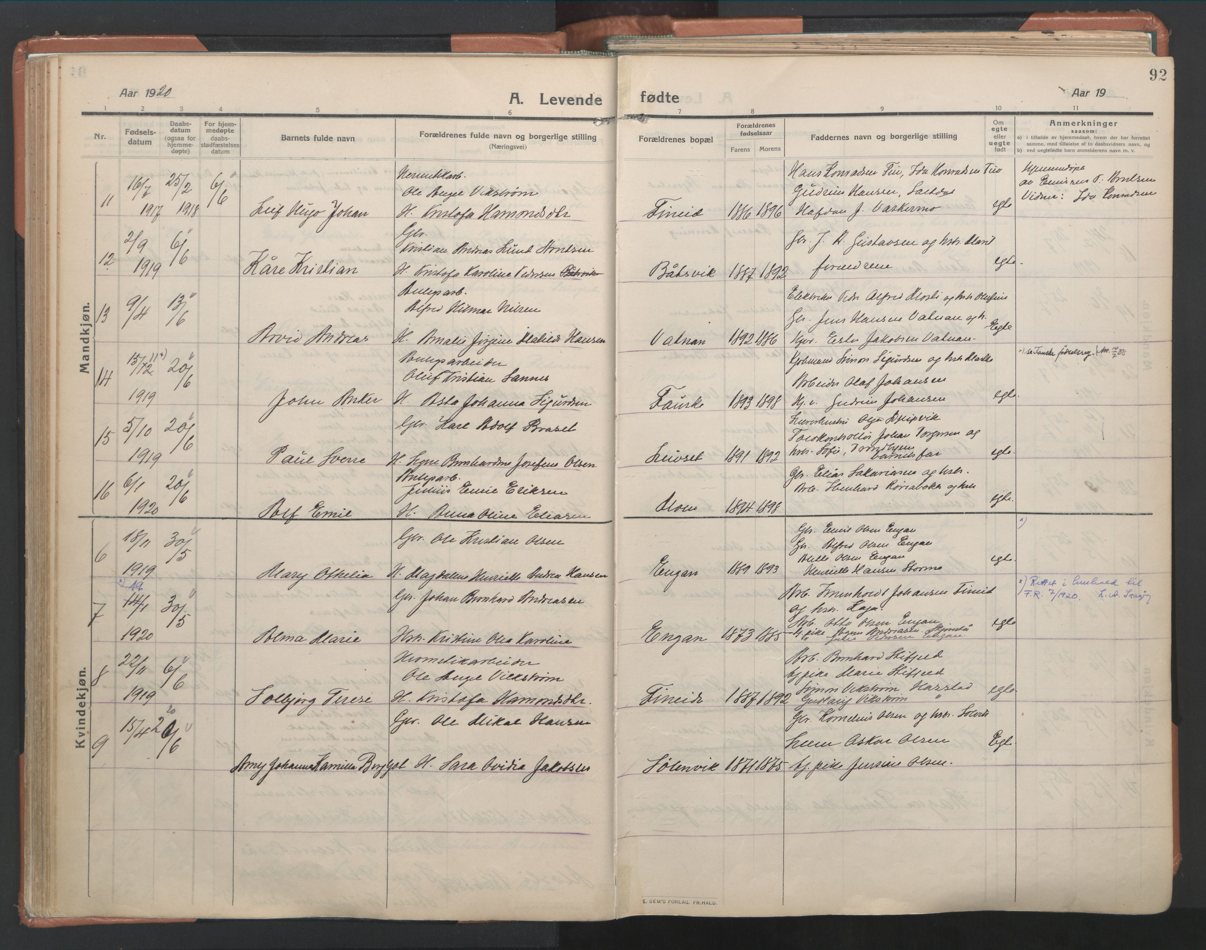 Ministerialprotokoller, klokkerbøker og fødselsregistre - Nordland, AV/SAT-A-1459/849/L0698: Parish register (official) no. 849A09, 1911-1924, p. 92