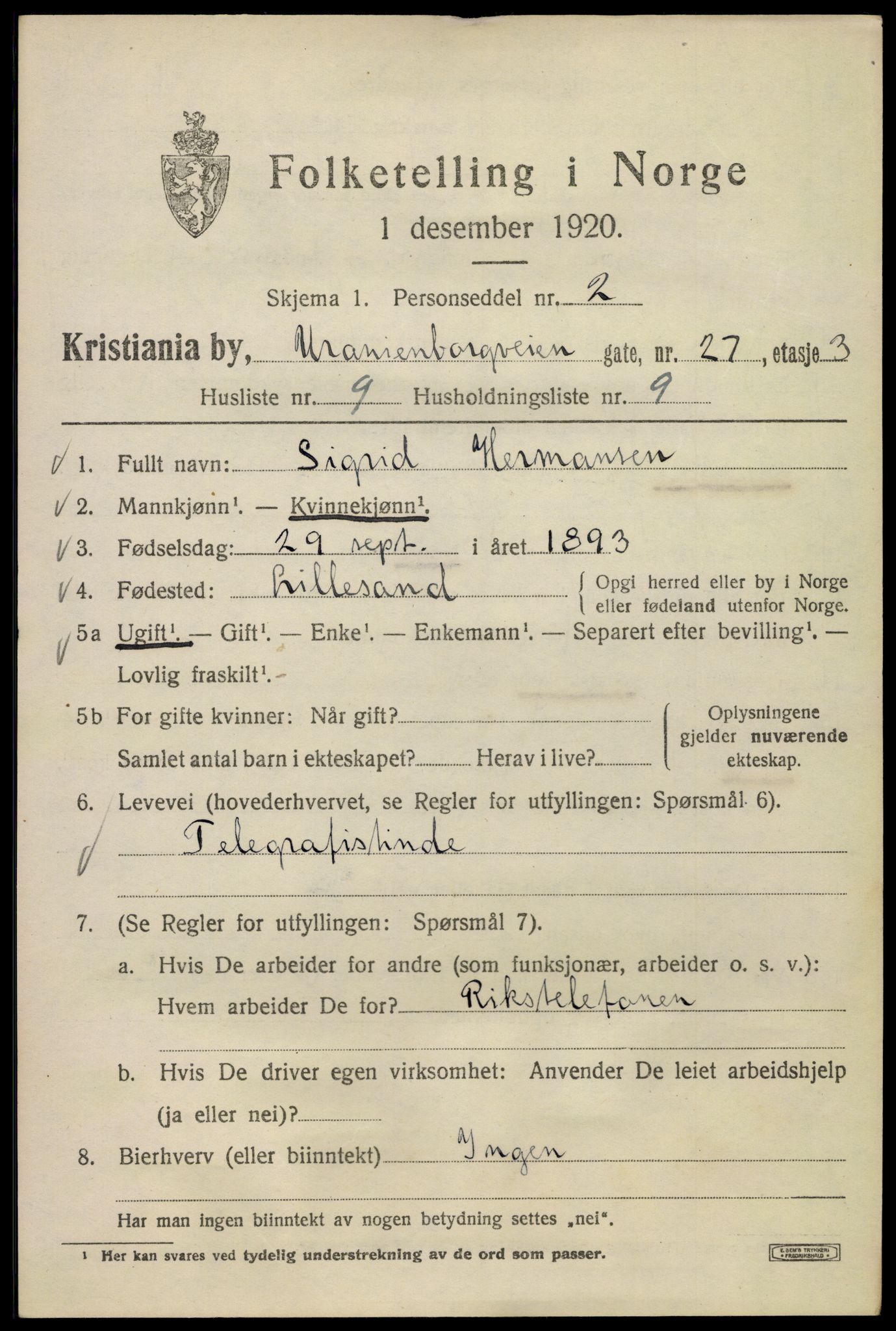 SAO, 1920 census for Kristiania, 1920, p. 620157