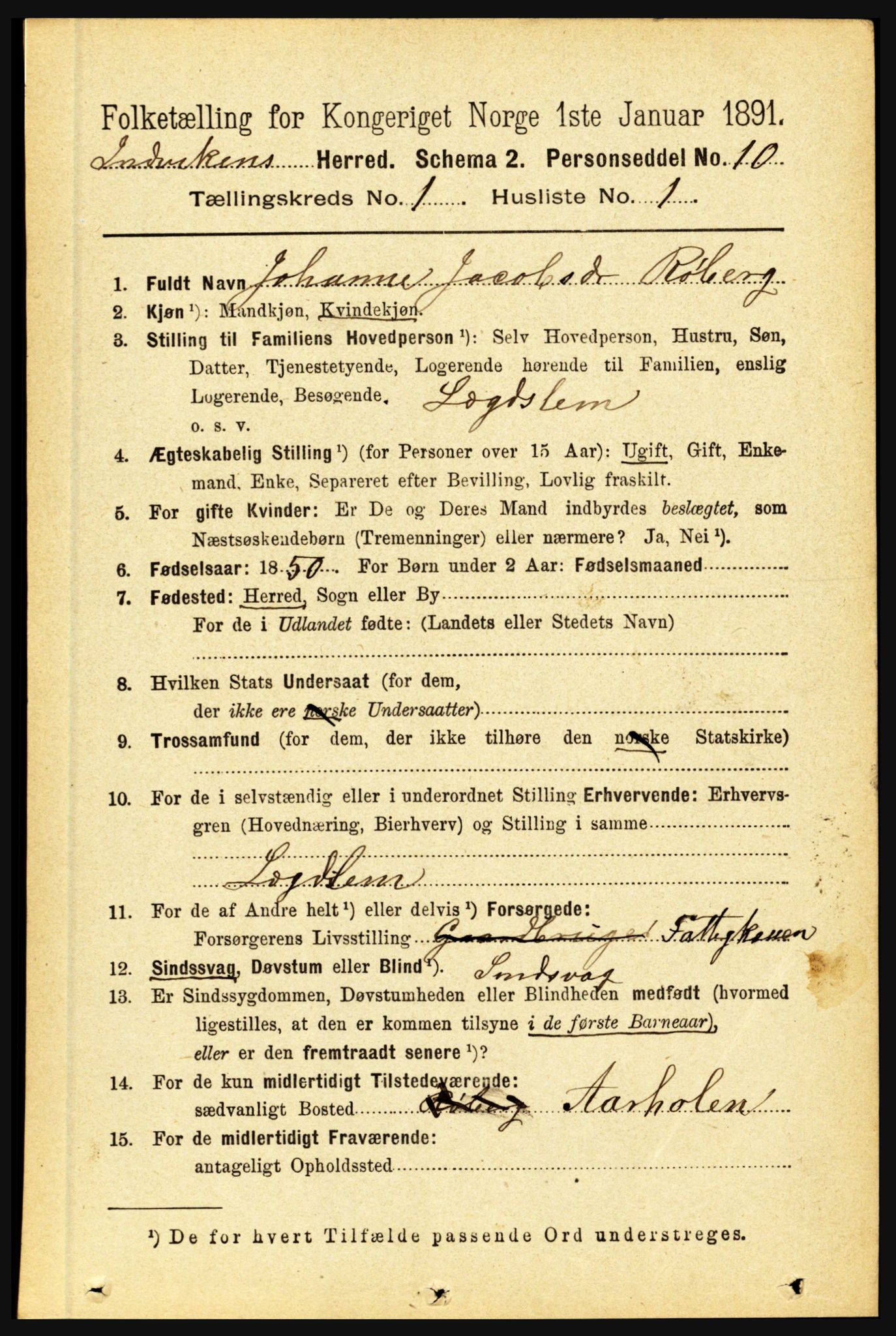 RA, 1891 census for 1447 Innvik, 1891, p. 113