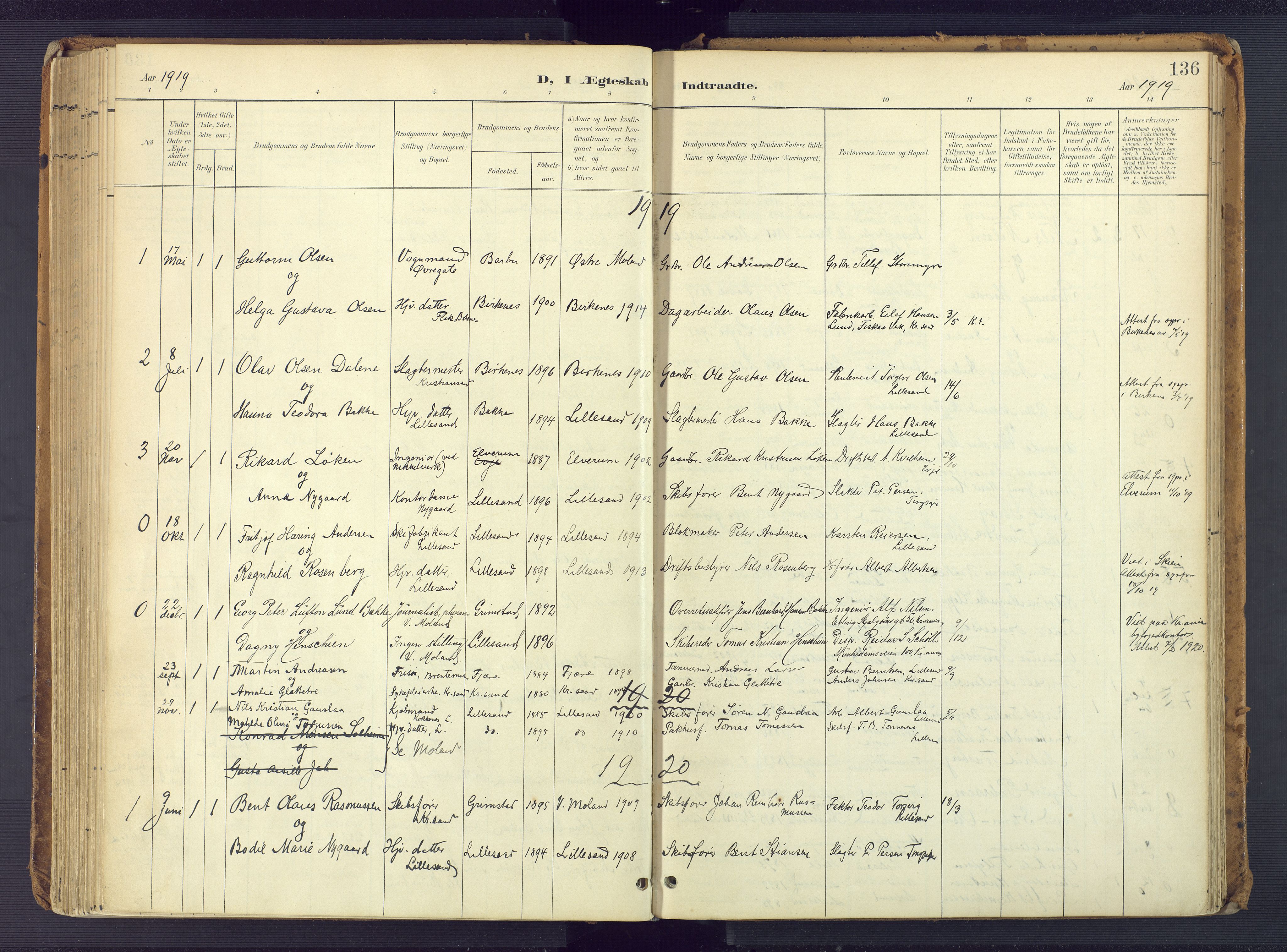 Vestre Moland sokneprestkontor, AV/SAK-1111-0046/F/Fa/Faa/L0002: Parish register (official) no. A 2, 1900-1926, p. 136