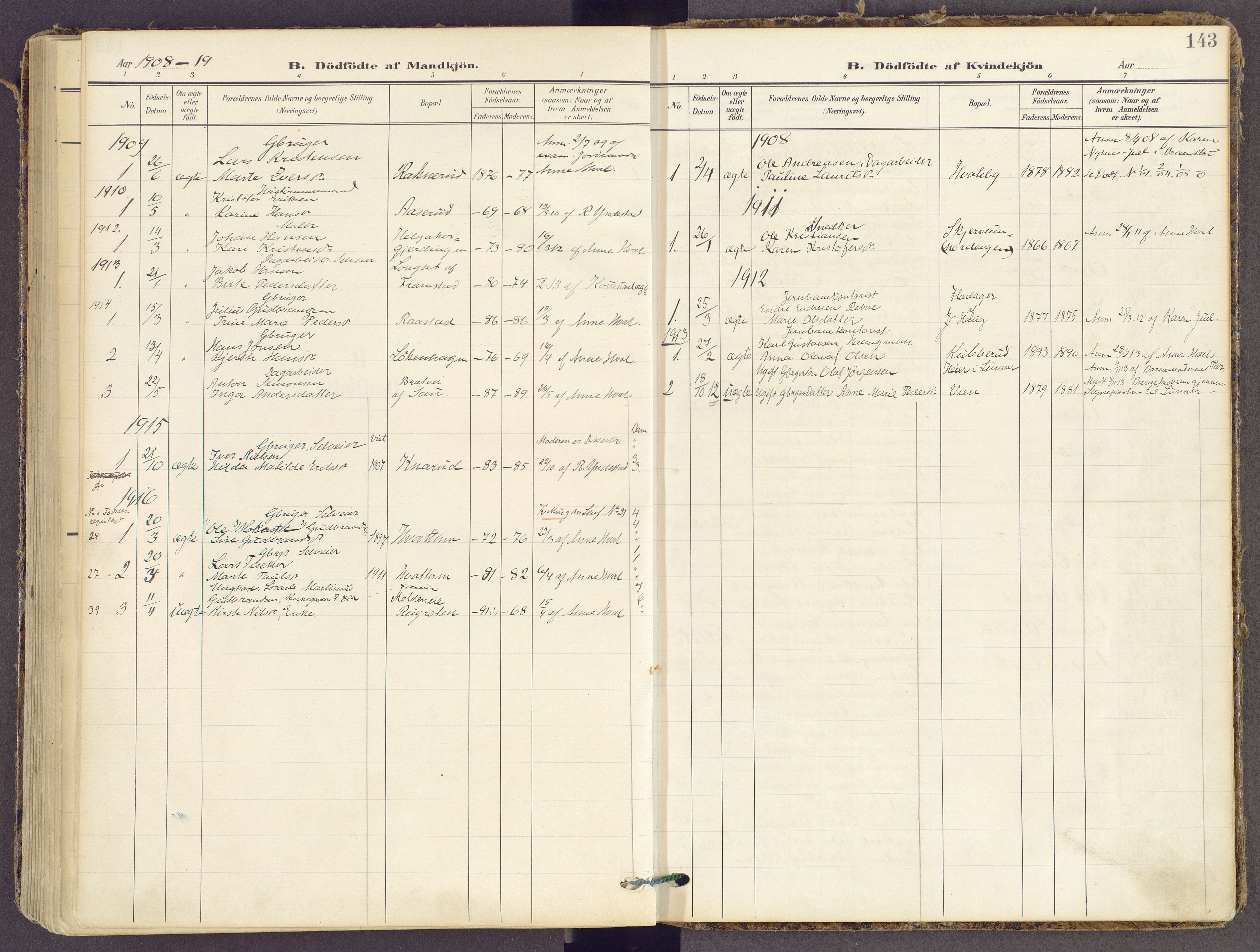 Gran prestekontor, SAH/PREST-112/H/Ha/Haa/L0021: Parish register (official) no. 21, 1908-1932, p. 143