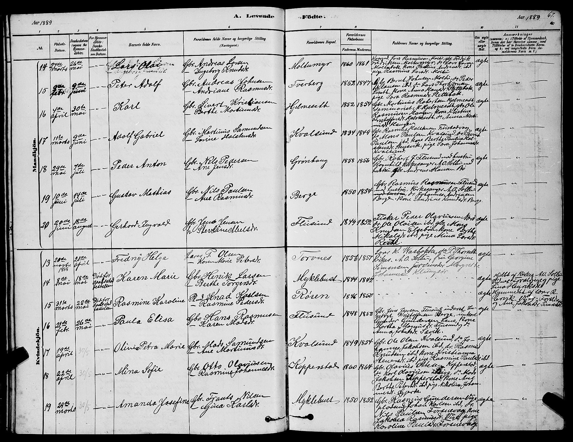 Ministerialprotokoller, klokkerbøker og fødselsregistre - Møre og Romsdal, AV/SAT-A-1454/507/L0081: Parish register (copy) no. 507C04, 1878-1898, p. 67