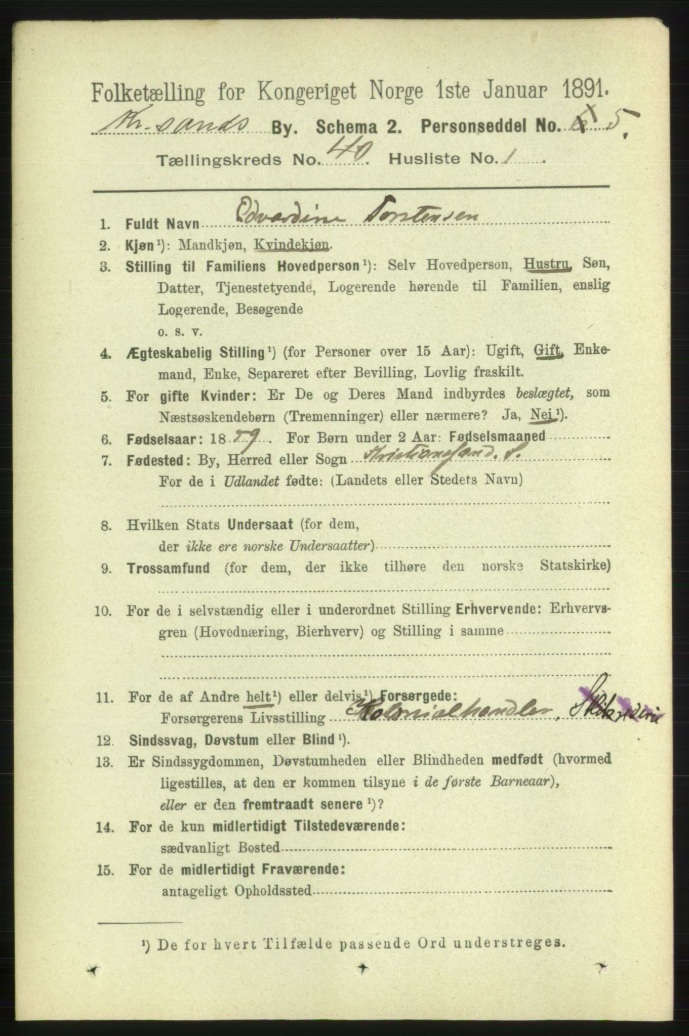 RA, 1891 census for 1001 Kristiansand, 1891, p. 12401