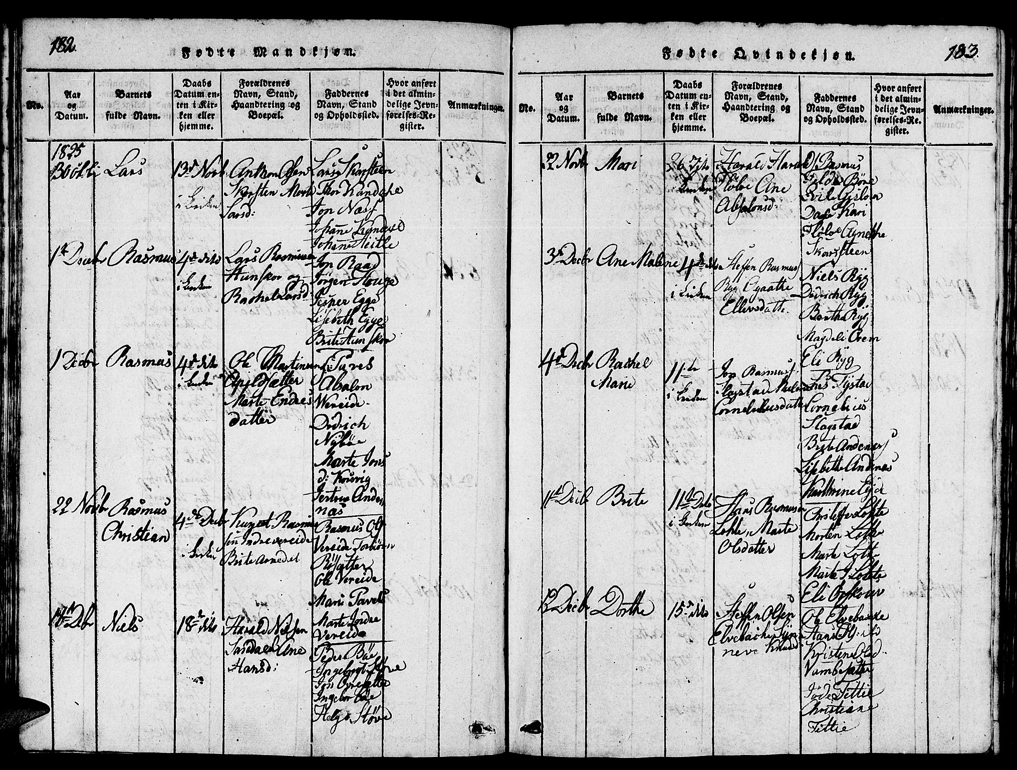 Gloppen sokneprestembete, SAB/A-80101/H/Hab/Haba/L0001: Parish register (copy) no. A 1, 1816-1827, p. 182-183