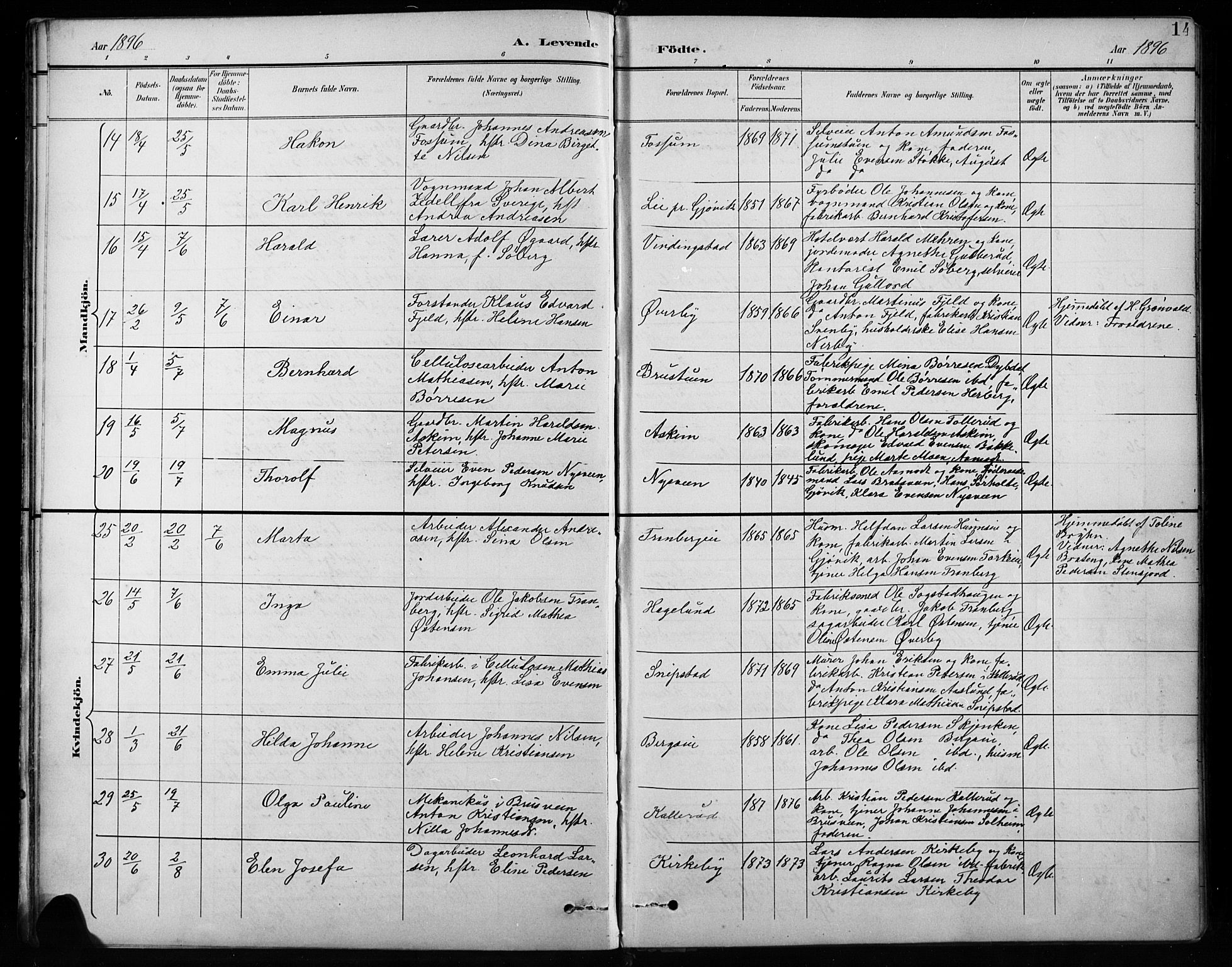 Vardal prestekontor, SAH/PREST-100/H/Ha/Hab/L0010: Parish register (copy) no. 10, 1895-1903, p. 14