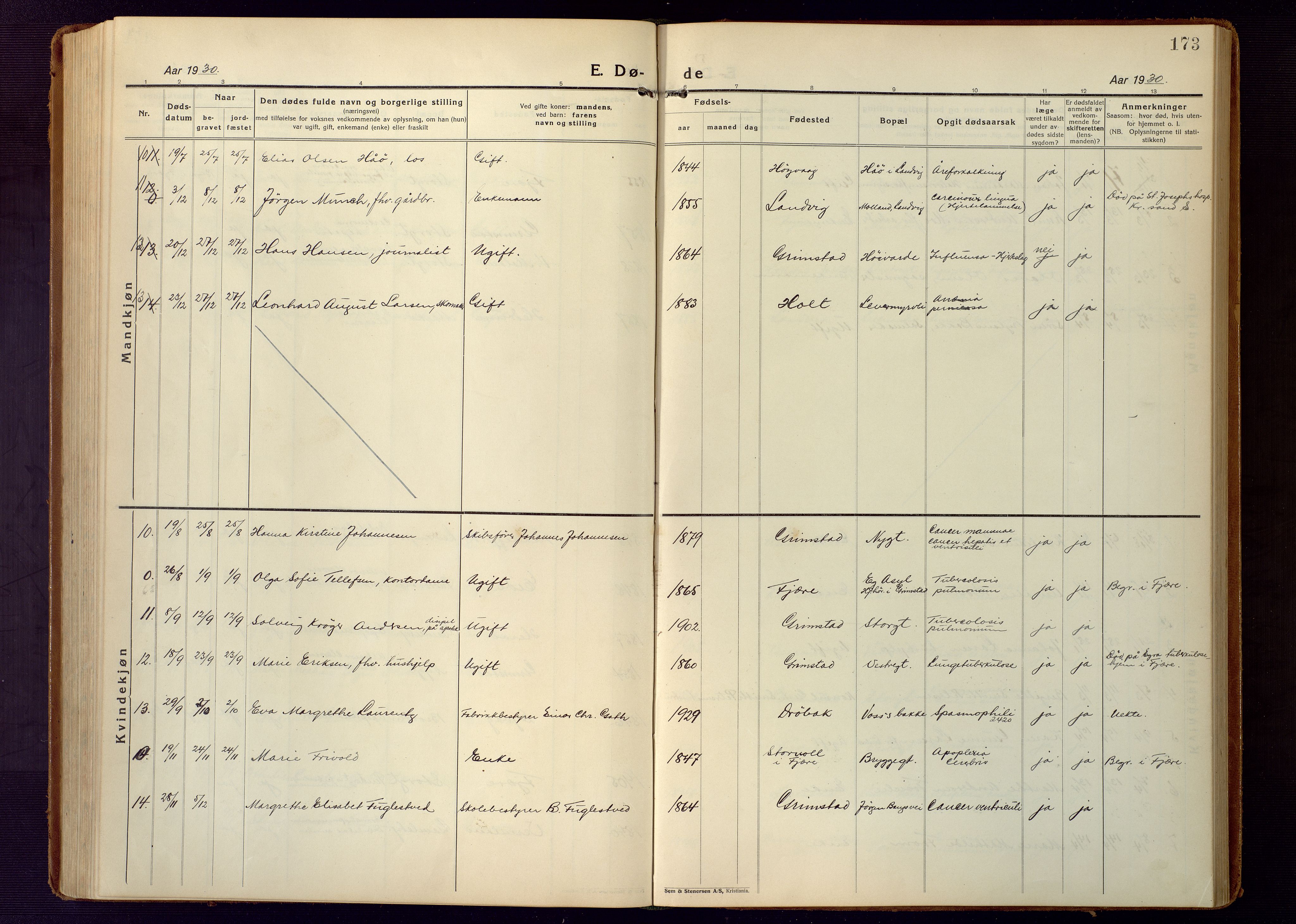 Grimstad sokneprestkontor, AV/SAK-1111-0017/F/Fb/L0002: Parish register (copy) no. B 2, 1923-1949, p. 173