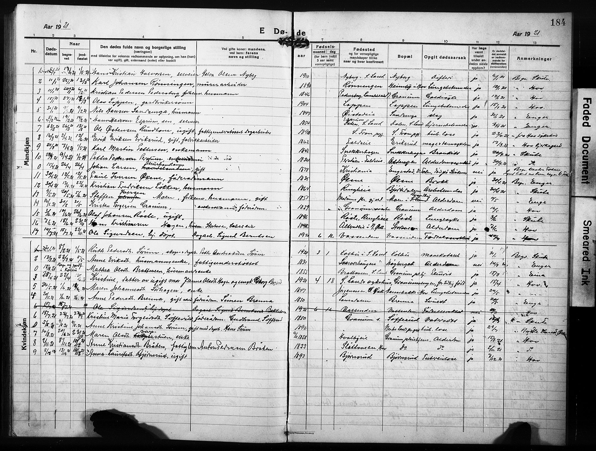 Søndre Land prestekontor, AV/SAH-PREST-122/L/L0007: Parish register (copy) no. 7, 1915-1932, p. 184