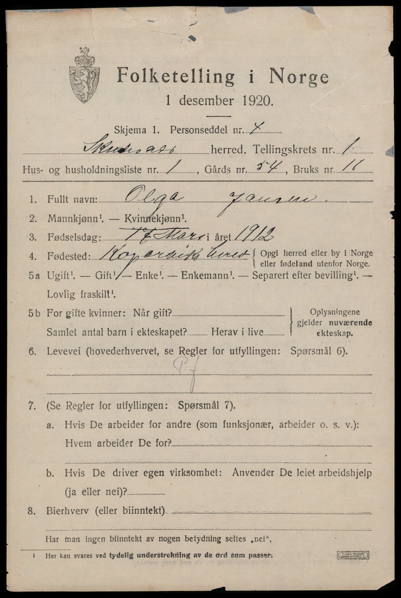 SAST, 1920 census for Skudenes, 1920, p. 1160