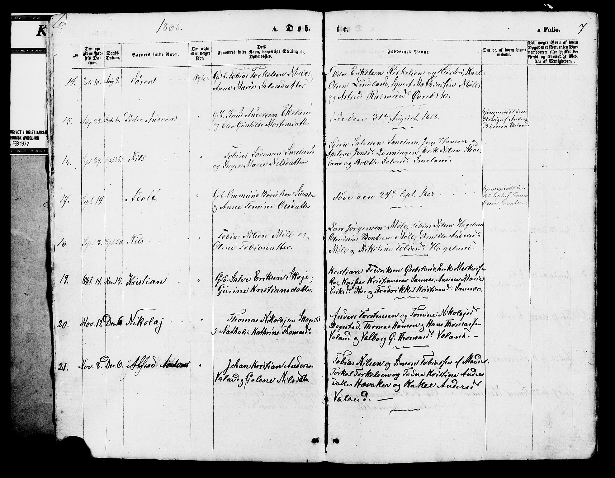 Holum sokneprestkontor, SAK/1111-0022/F/Fb/Fba/L0004: Parish register (copy) no. B 4, 1867-1890, p. 7