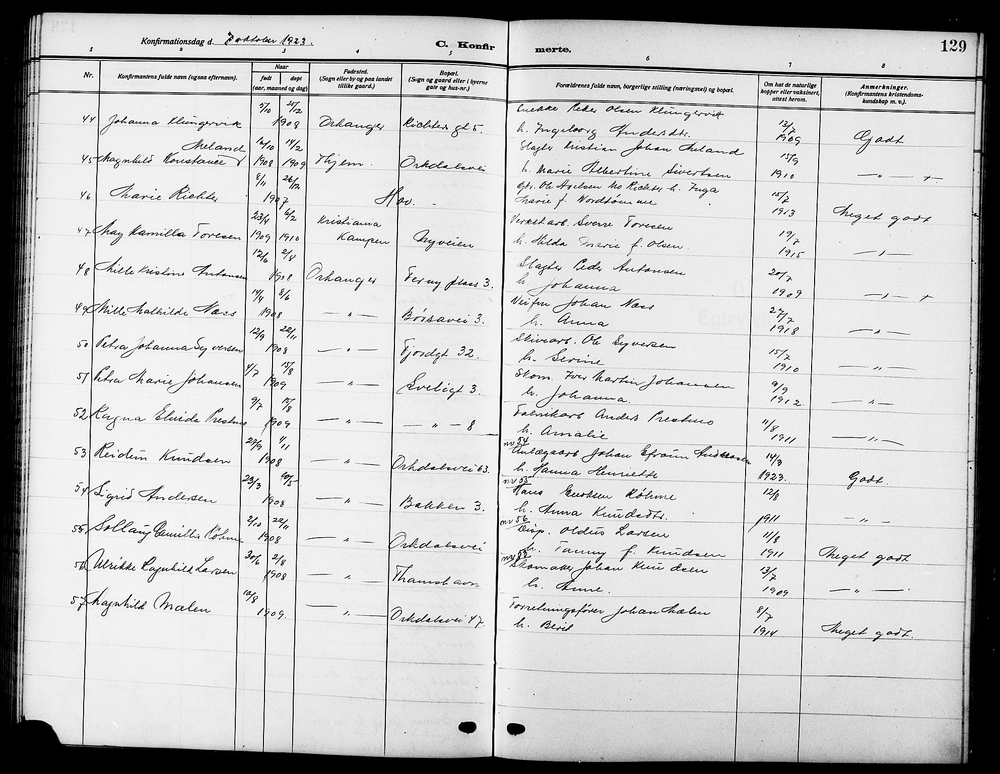 Ministerialprotokoller, klokkerbøker og fødselsregistre - Sør-Trøndelag, AV/SAT-A-1456/669/L0831: Parish register (copy) no. 669C01, 1909-1924, p. 129