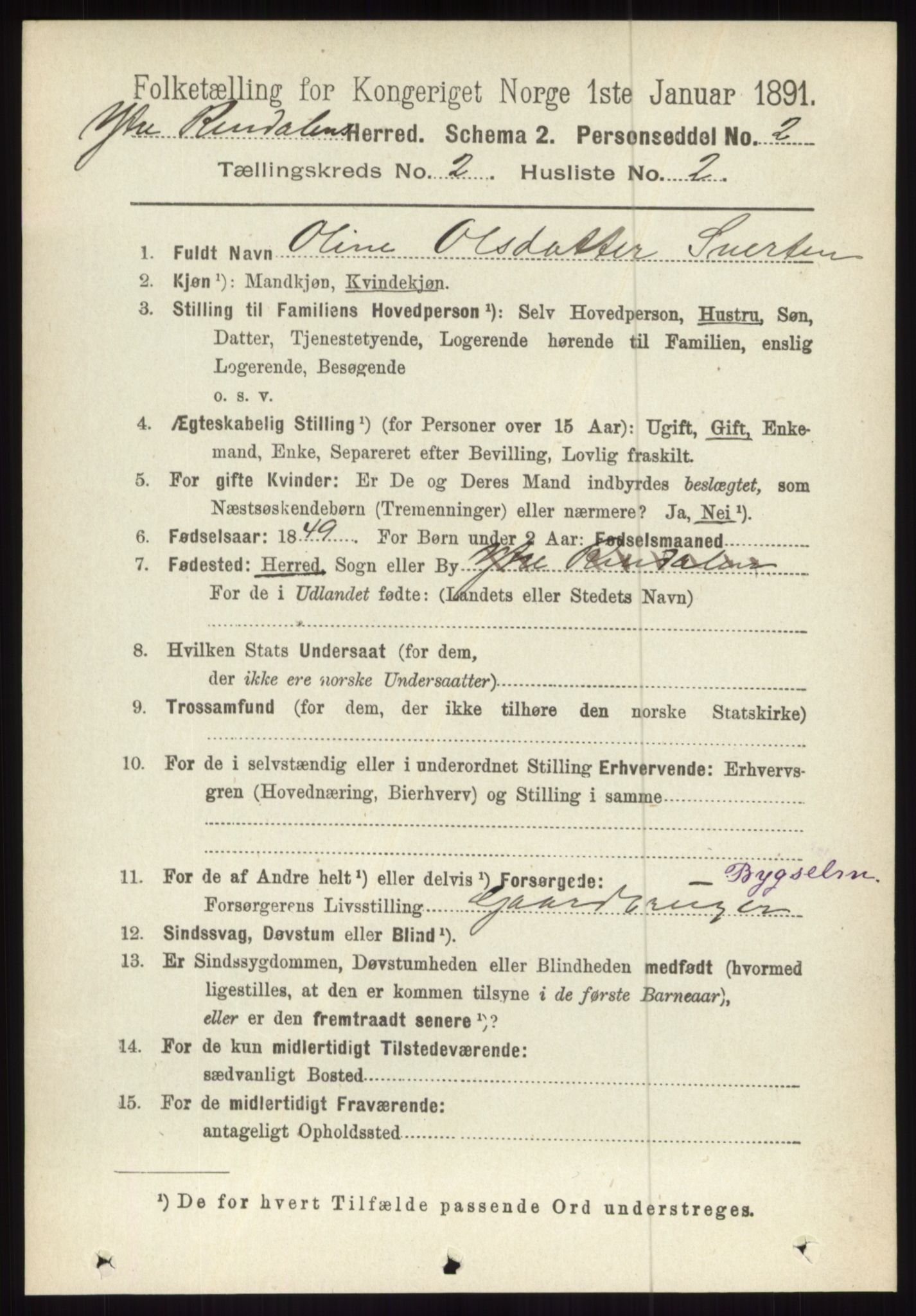 RA, 1891 census for 0432 Ytre Rendal, 1891, p. 301