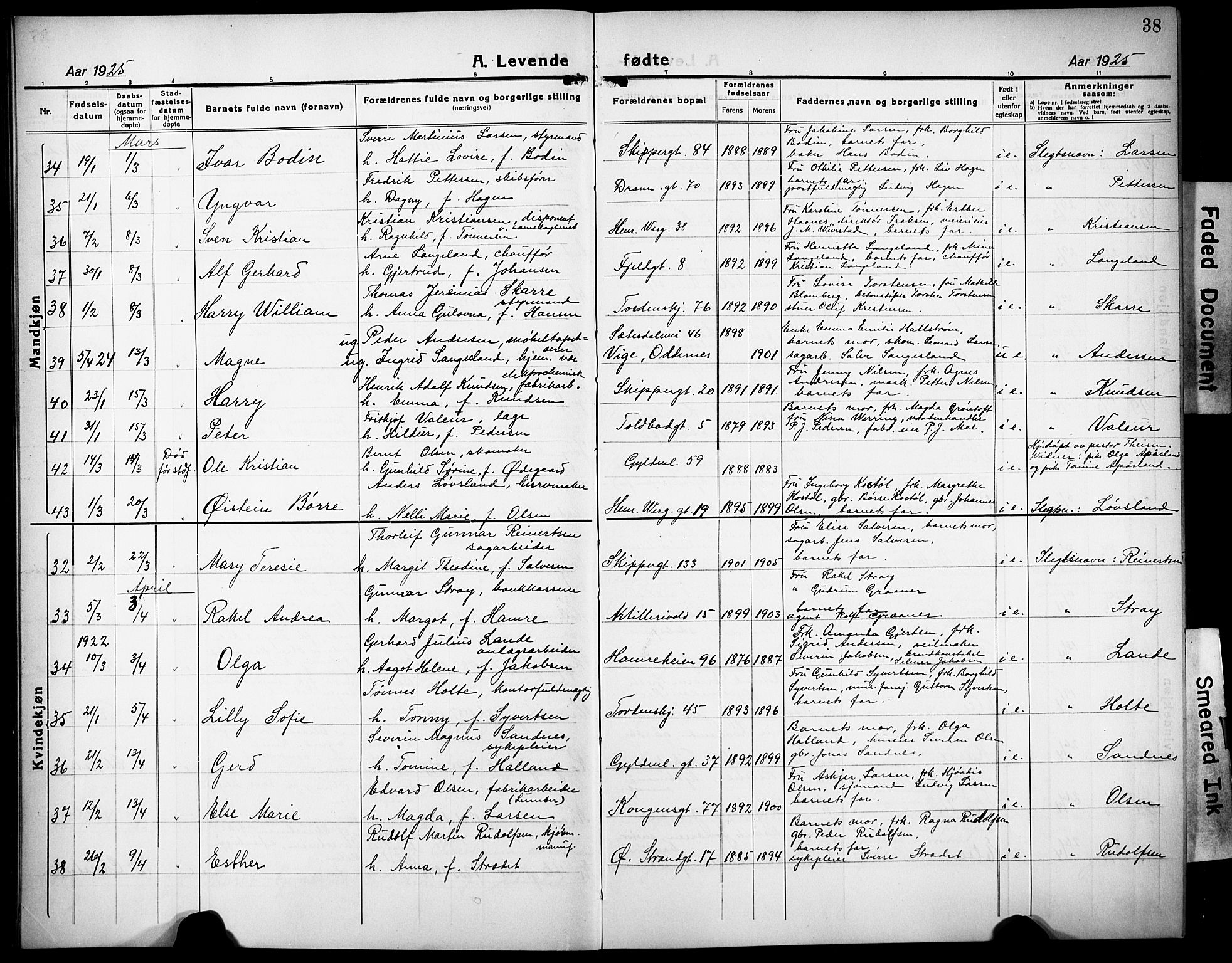 Kristiansand domprosti, AV/SAK-1112-0006/F/Fb/L0024: Parish register (copy) no. B 24, 1923-1933, p. 38