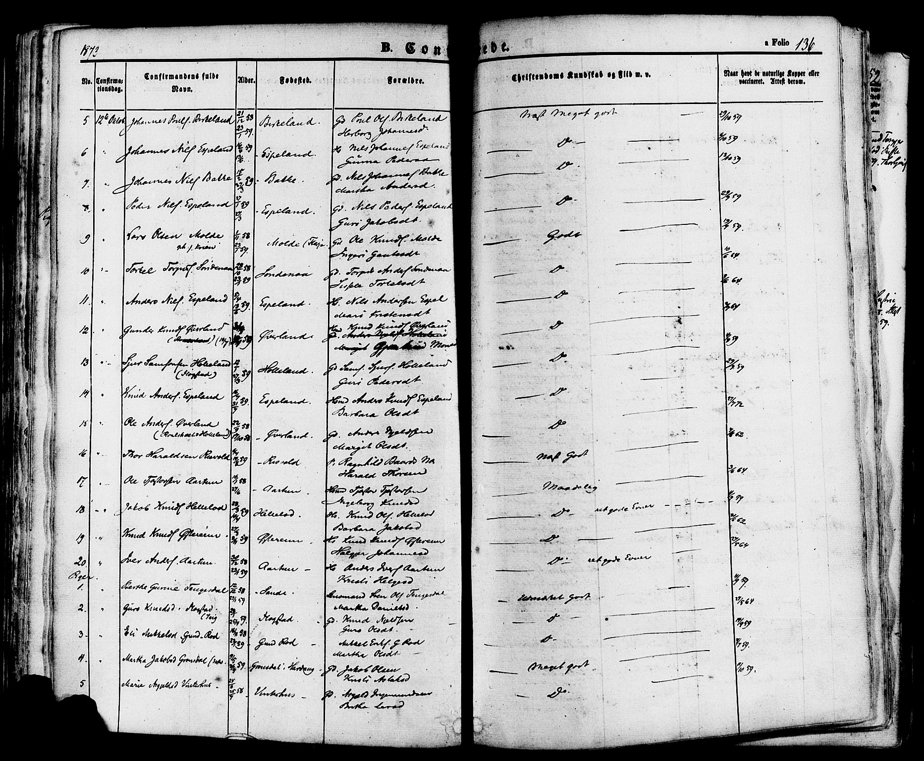 Sand sokneprestkontor, AV/SAST-A-101848/01/III/L0004: Parish register (official) no. A 4, 1859-1880, p. 136