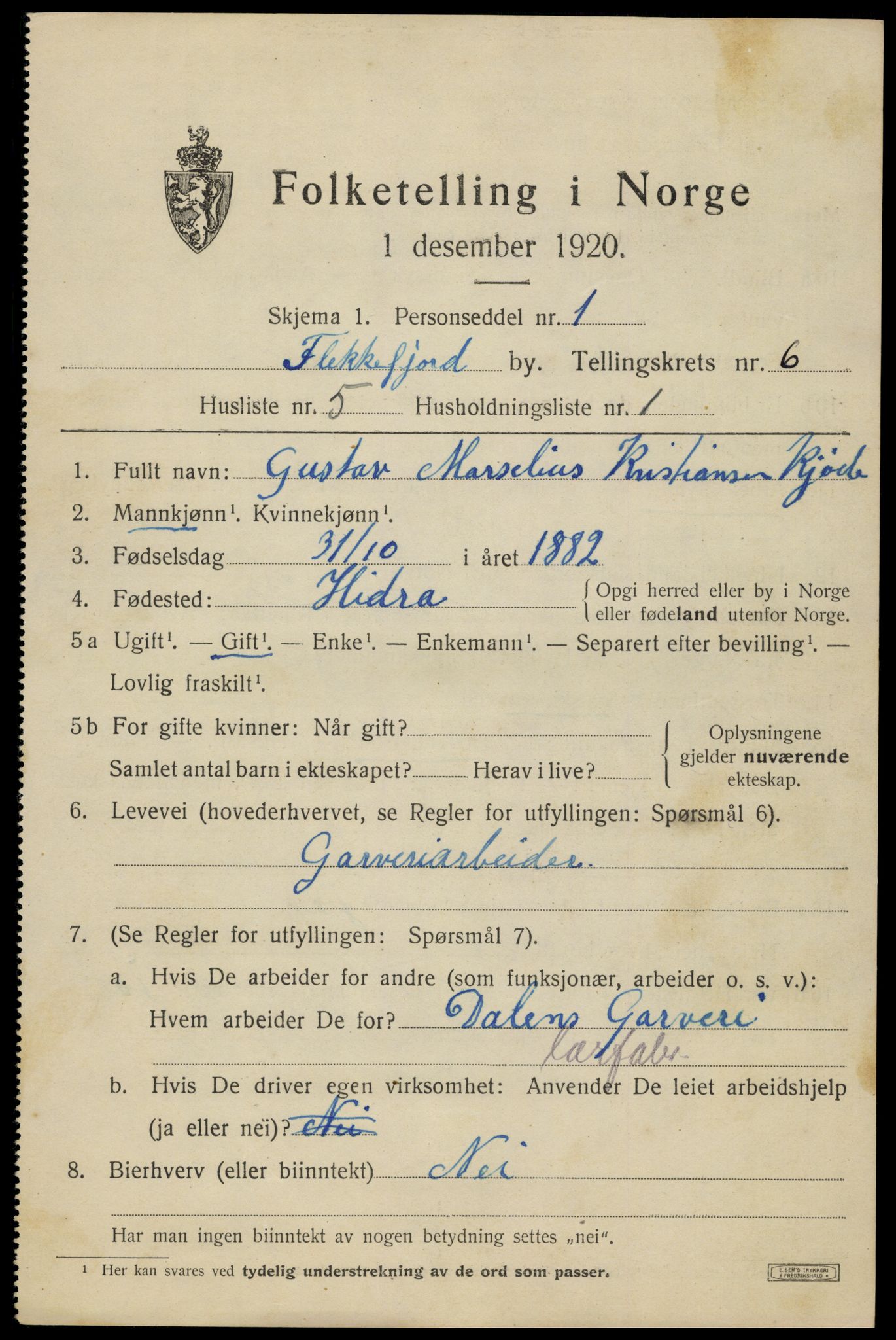 SAK, 1920 census for Flekkefjord, 1920, p. 5802