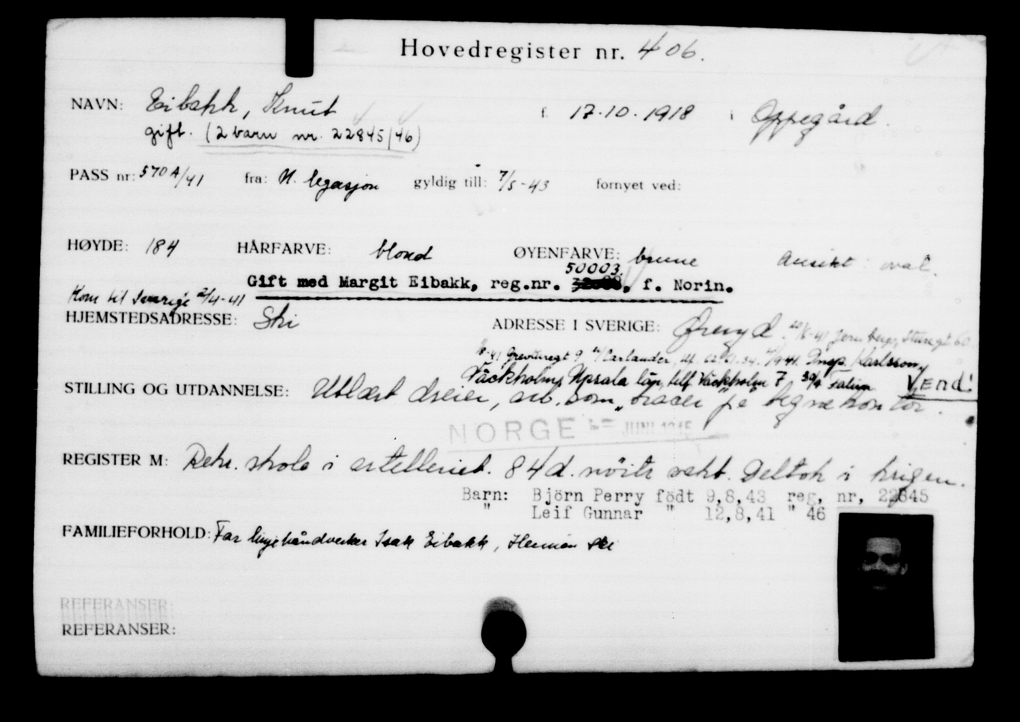 Utenriksstasjonene, Legasjonen i Stockholm, Flyktningkontoret, AV/RA-S-6753/V/Va/L0001: Kjesäterkartoteket, flyktninger med registreringsnr. 1-1000, 1940-1945, p. 637