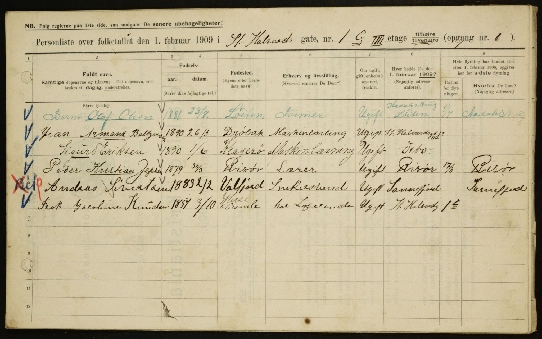 OBA, Municipal Census 1909 for Kristiania, 1909, p. 79496