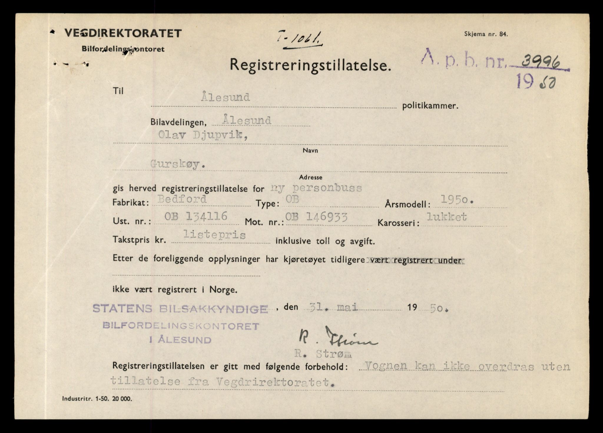 Møre og Romsdal vegkontor - Ålesund trafikkstasjon, SAT/A-4099/F/Fe/L0010: Registreringskort for kjøretøy T 1050 - T 1169, 1927-1998, p. 310