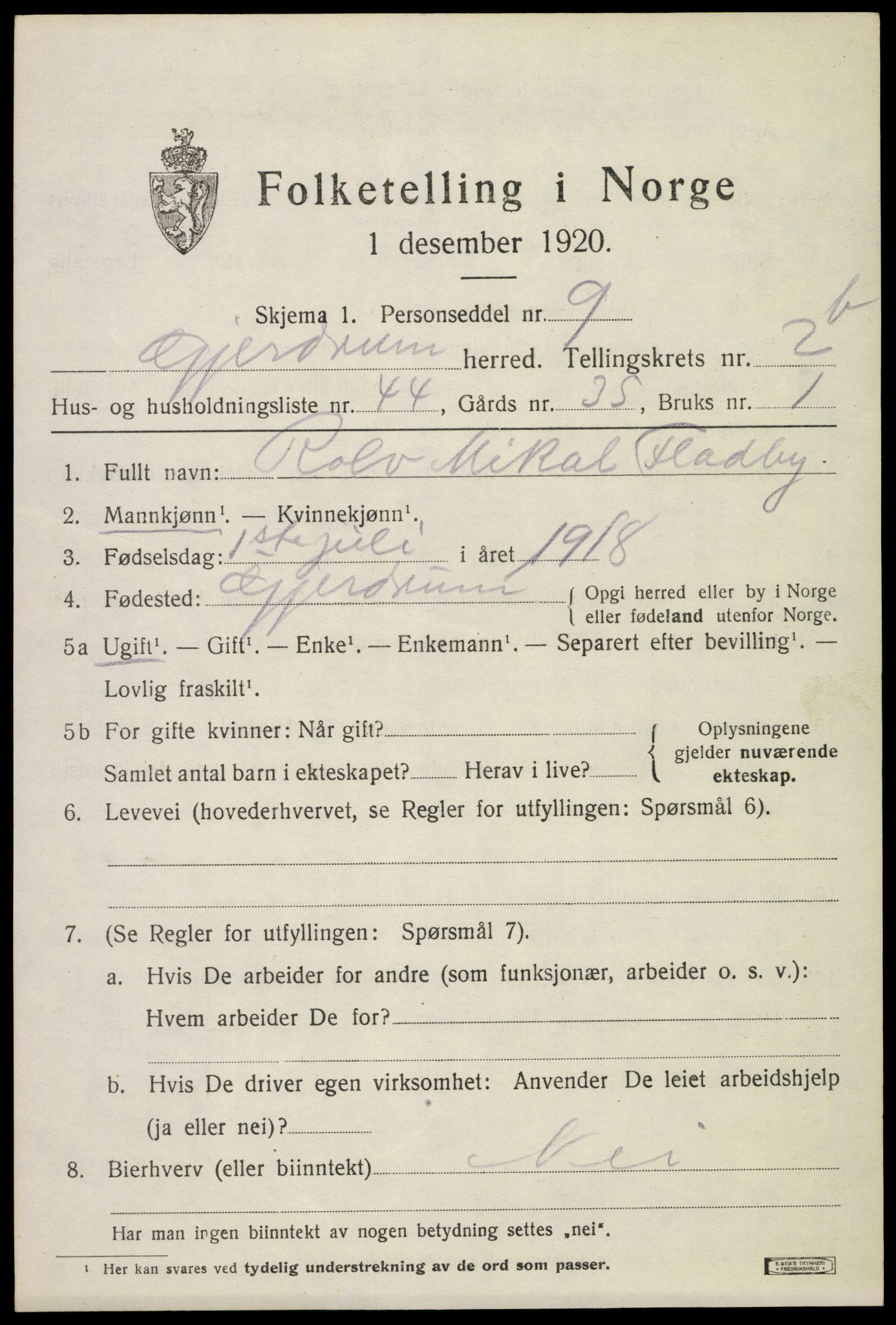 SAO, 1920 census for Gjerdrum, 1920, p. 1758