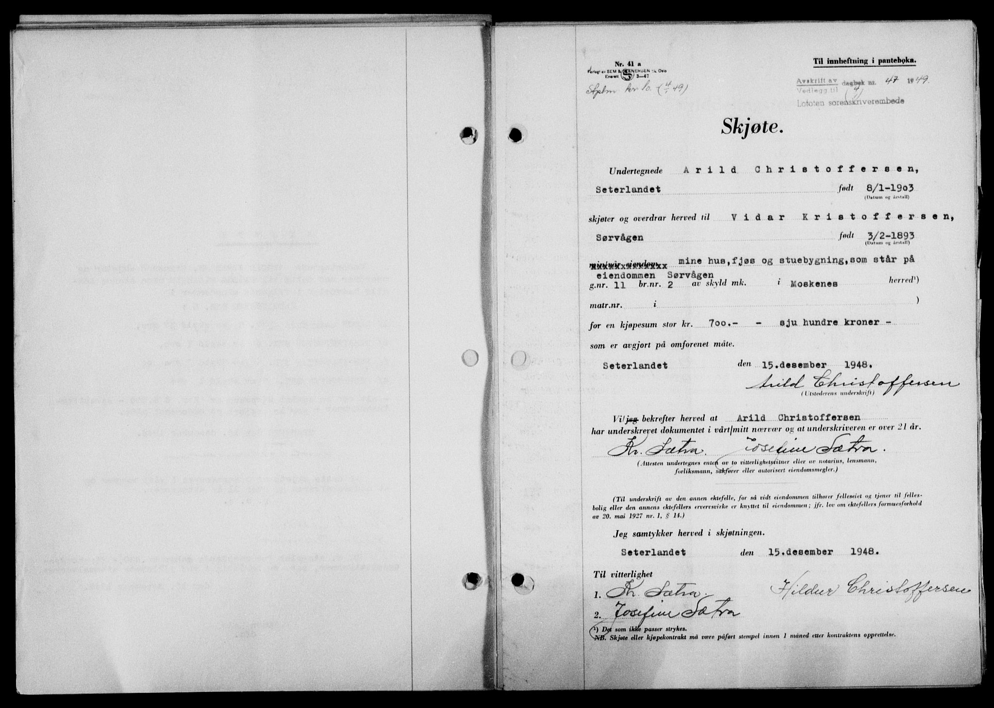 Lofoten sorenskriveri, SAT/A-0017/1/2/2C/L0020a: Mortgage book no. 20a, 1948-1949, Diary no: : 47/1949