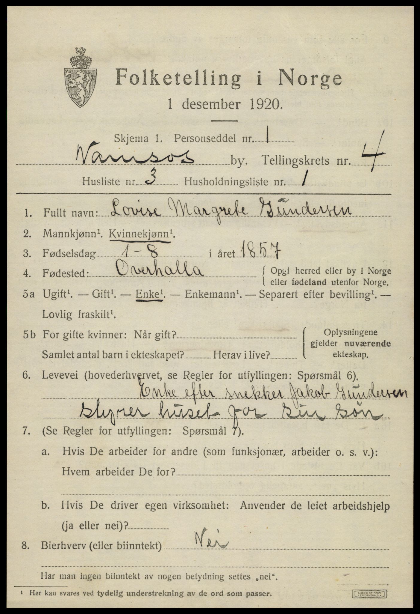 SAT, 1920 census for Namsos, 1920, p. 4853