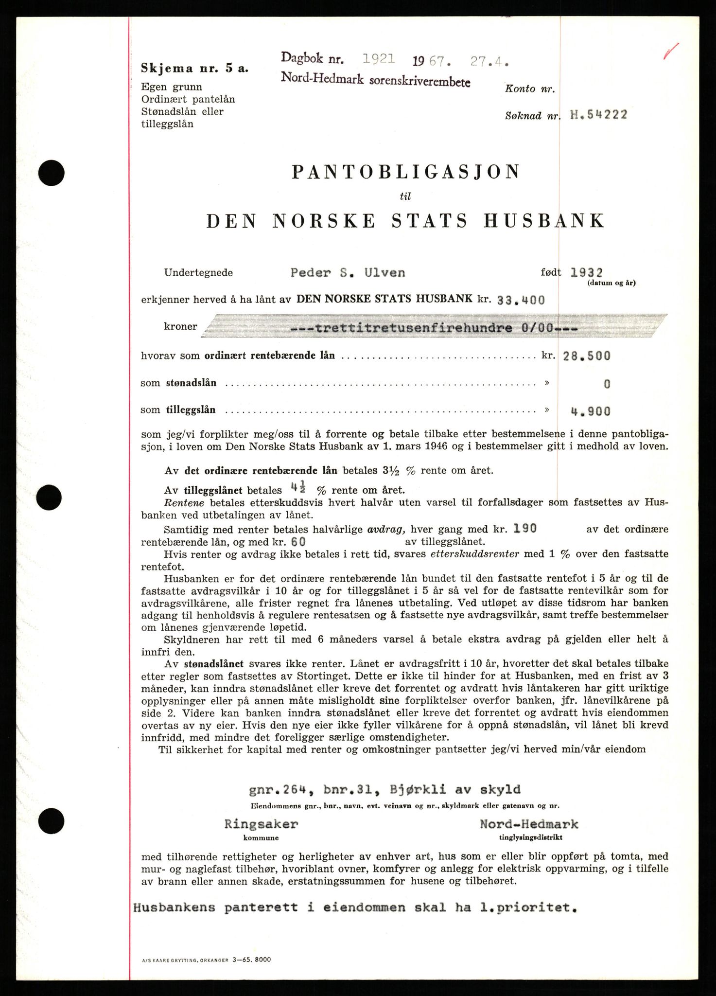 Nord-Hedmark sorenskriveri, SAH/TING-012/H/Hb/Hbf/L0071: Mortgage book no. B71, 1967-1967, Diary no: : 1921/1967