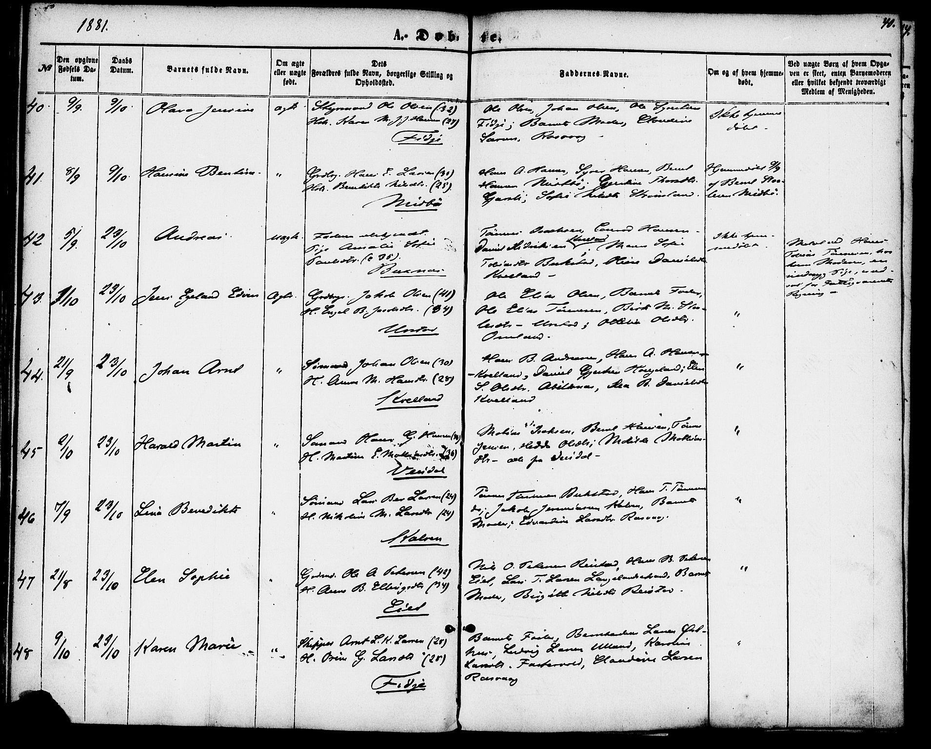 Flekkefjord sokneprestkontor, AV/SAK-1111-0012/F/Fa/Fab/L0005: Parish register (official) no. A 5, 1870-1886, p. 40