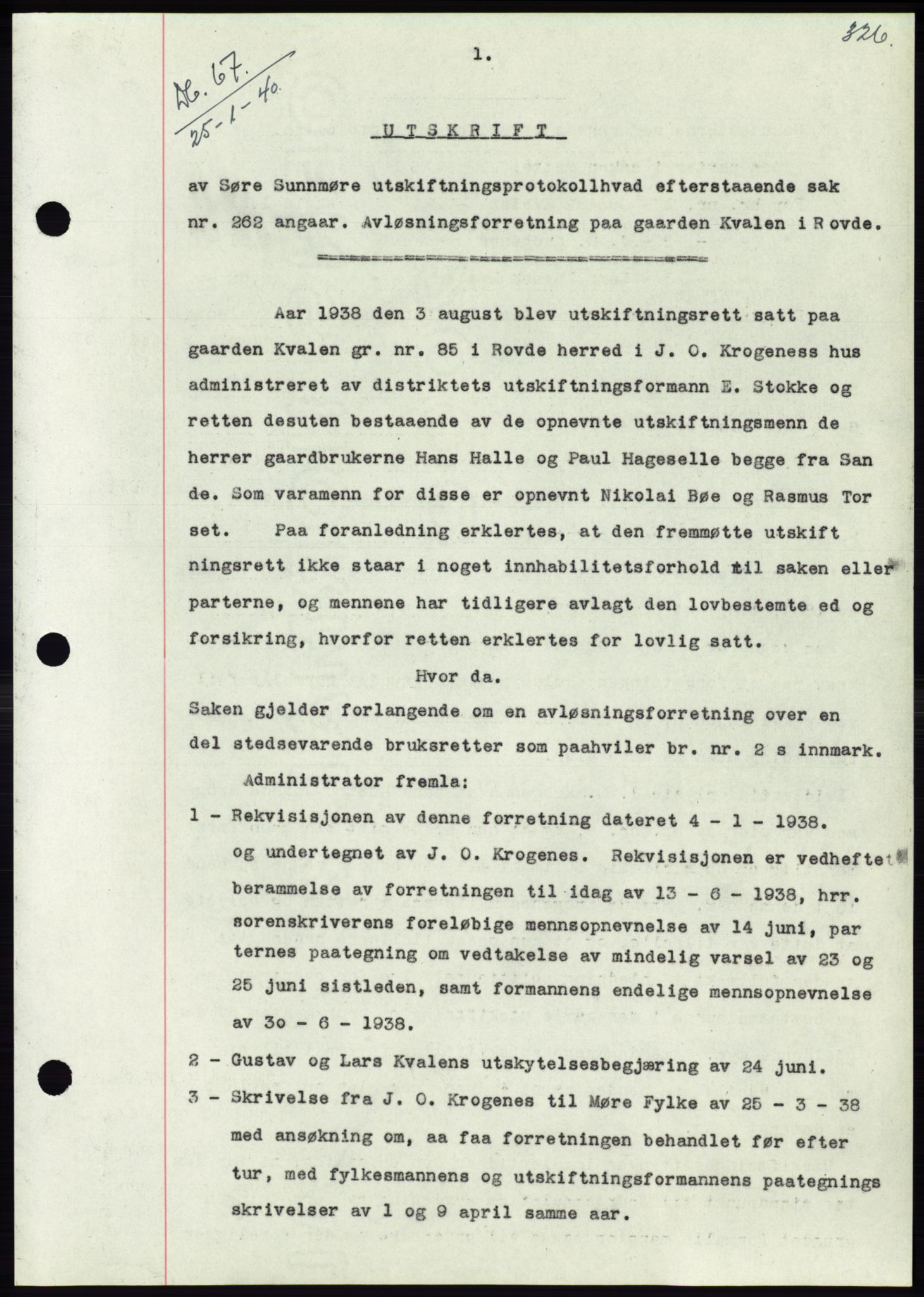 Søre Sunnmøre sorenskriveri, AV/SAT-A-4122/1/2/2C/L0069: Mortgage book no. 63, 1939-1940, Diary no: : 67/1940