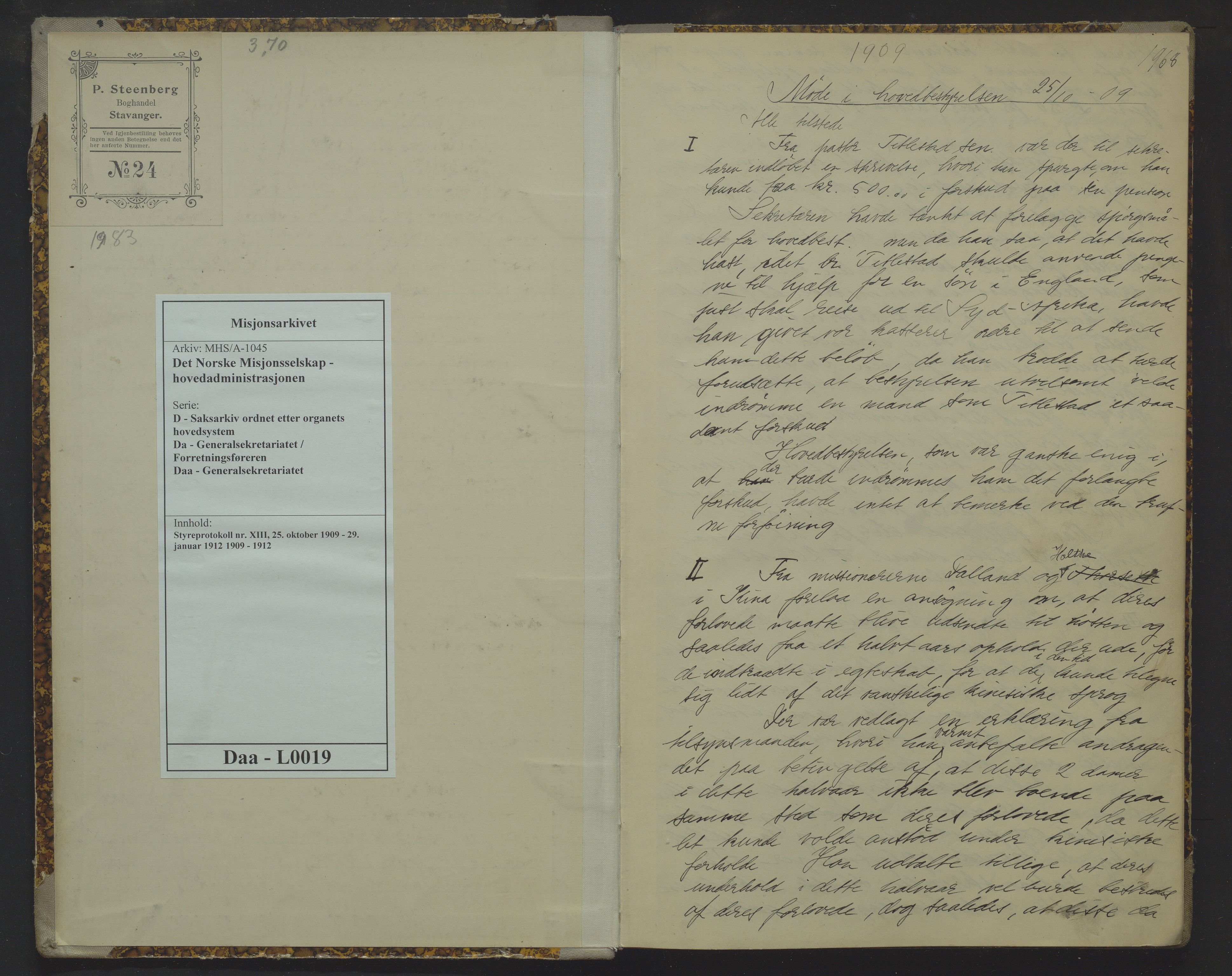 Det Norske Misjonsselskap - hovedadministrasjonen, VID/MA-A-1045/D/Da/Daa/L0019: Styreprotokoll nr. XIII, 25. oktober 1909 - 29. januar 1912, 1909-1912, p. 1968