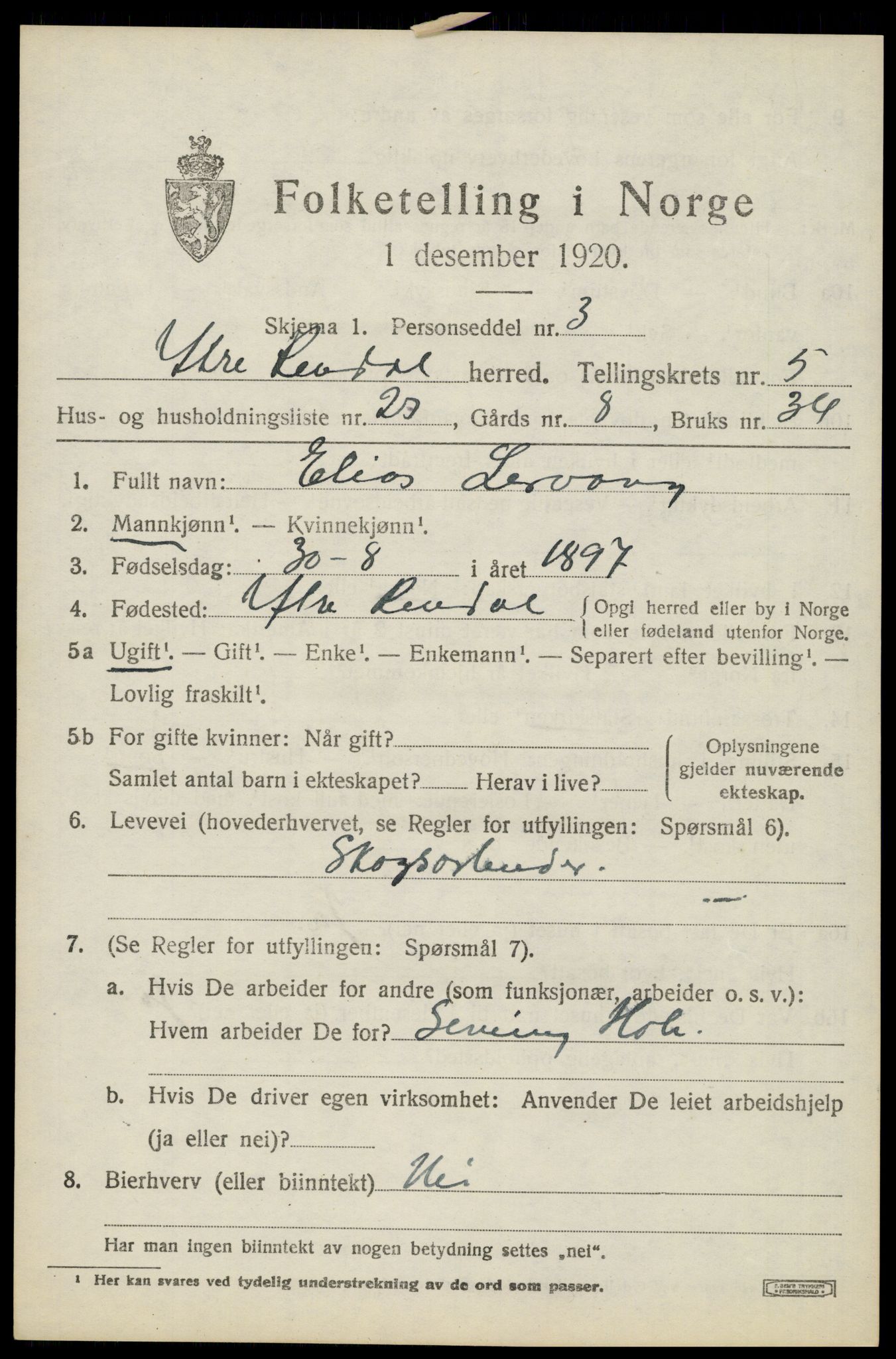 SAH, 1920 census for Ytre Rendal, 1920, p. 2899