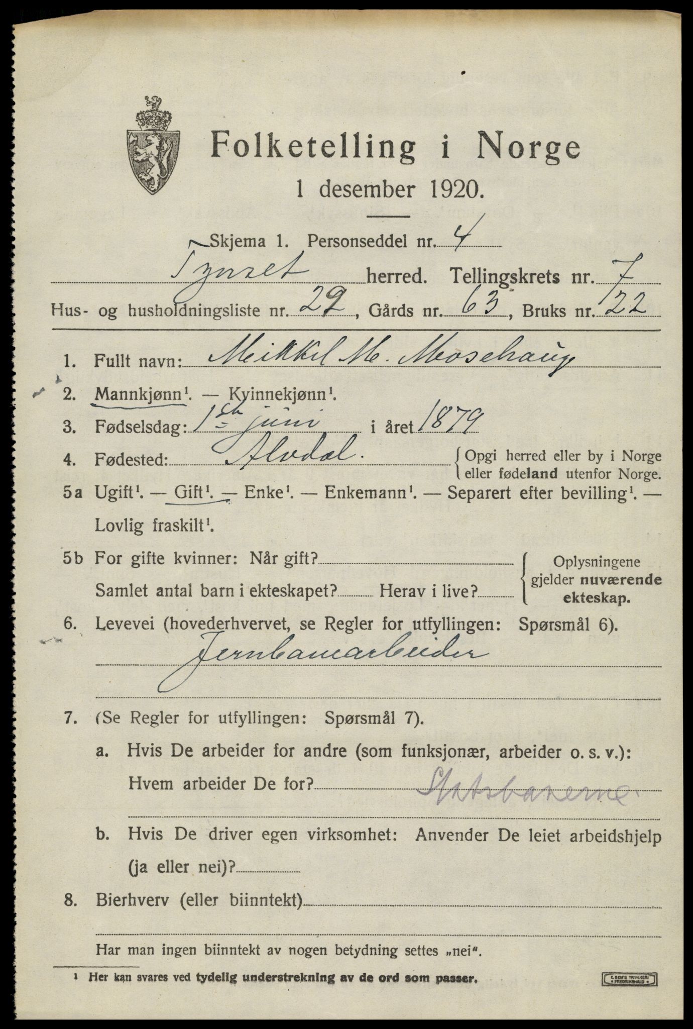 SAH, 1920 census for Tynset, 1920, p. 6500