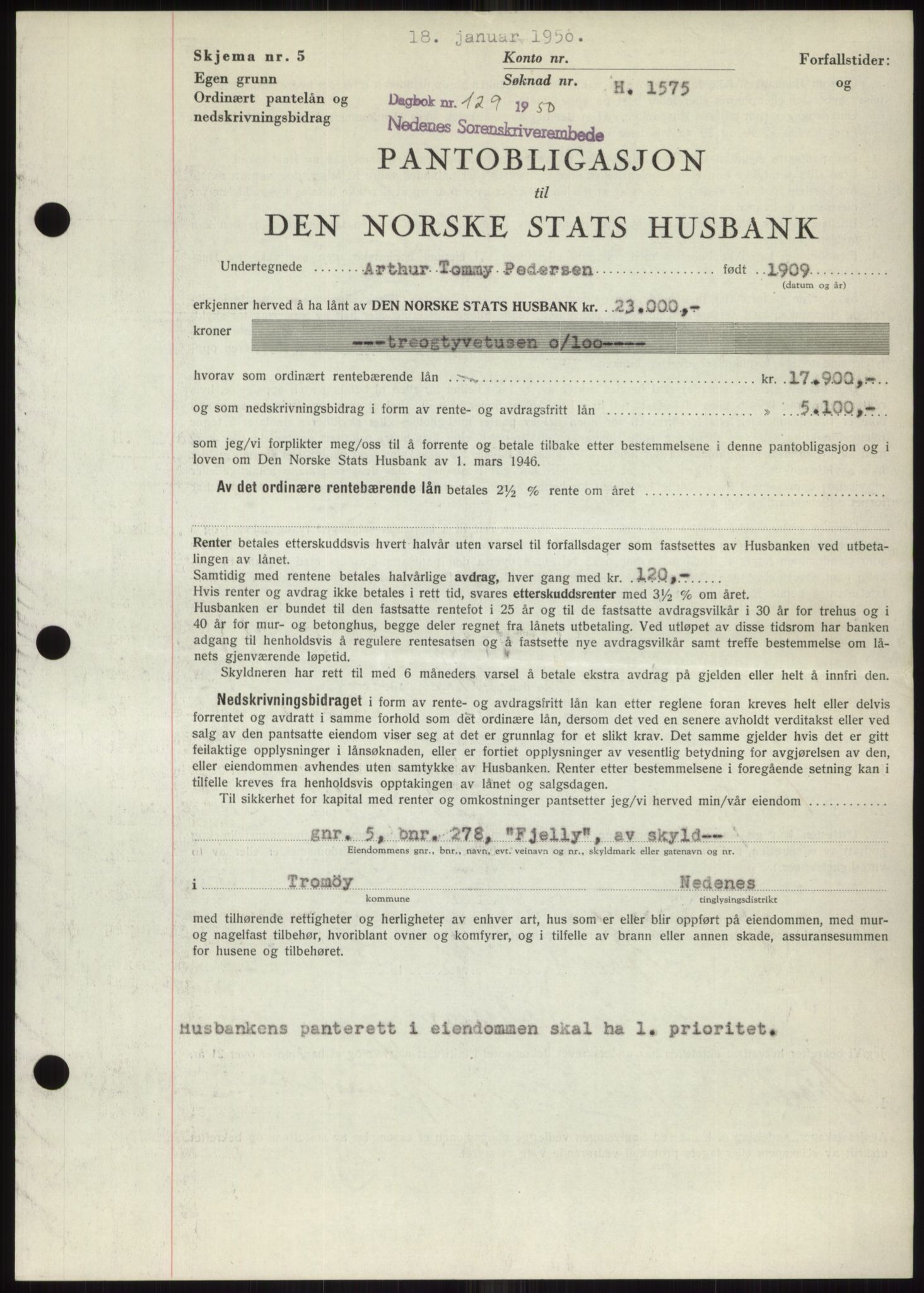 Nedenes sorenskriveri, AV/SAK-1221-0006/G/Gb/Gbb/L0007: Mortgage book no. B7, 1949-1950, Diary no: : 129/1950