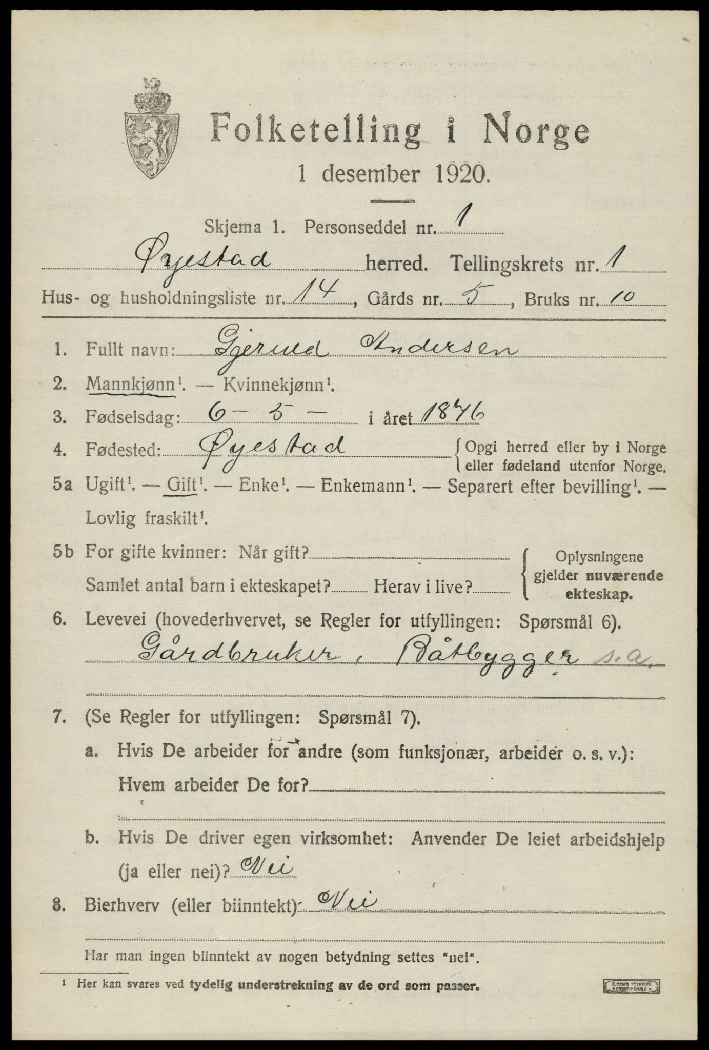 SAK, 1920 census for Øyestad, 1920, p. 1972