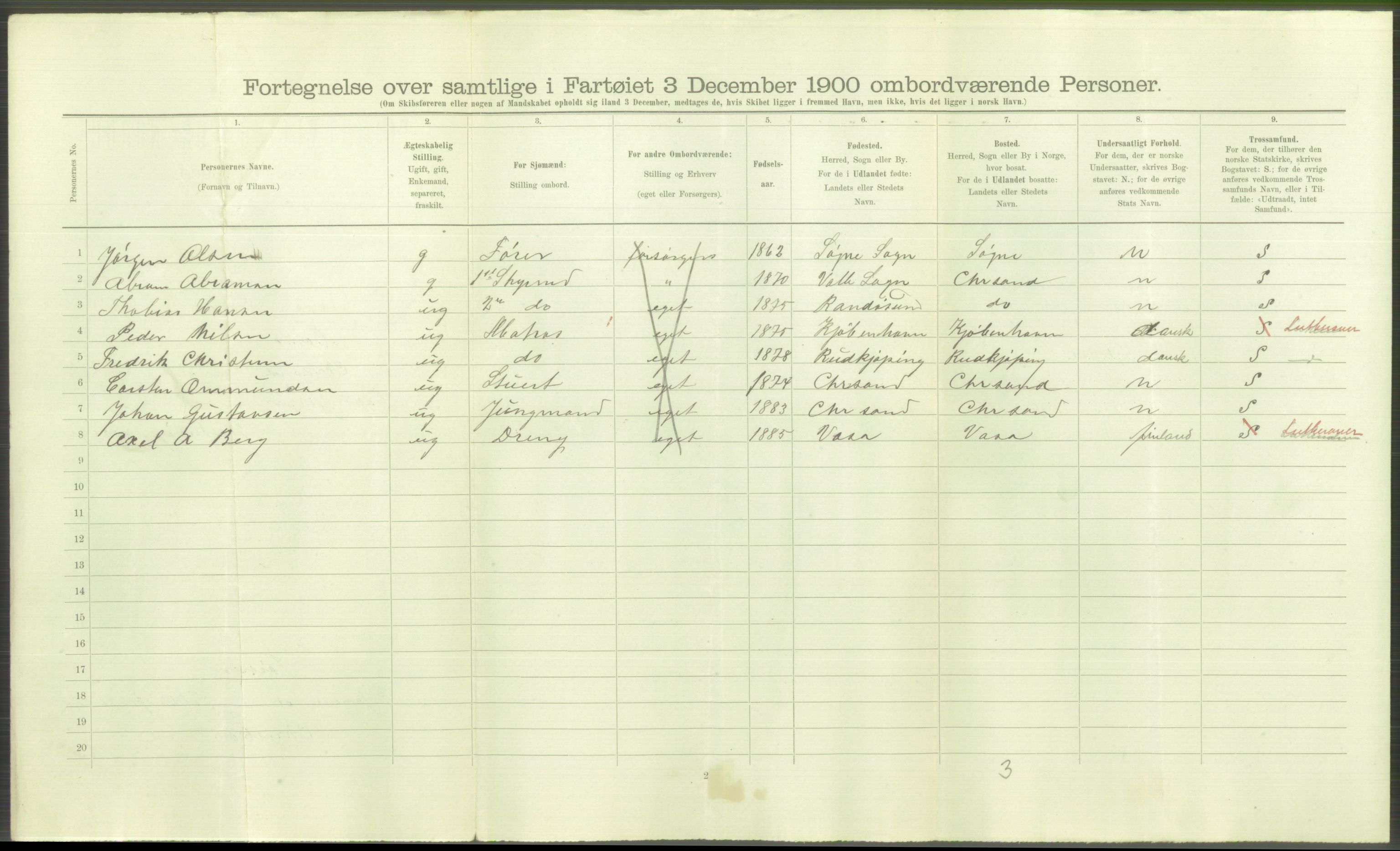 RA, 1900 Census - ship lists from ships in Norwegian harbours, harbours abroad and at sea, 1900, p. 3556