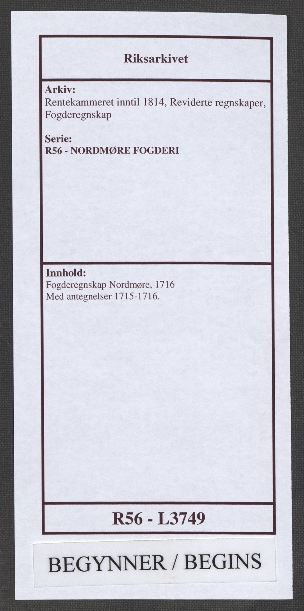Rentekammeret inntil 1814, Reviderte regnskaper, Fogderegnskap, RA/EA-4092/R56/L3749: Fogderegnskap Nordmøre, 1716, p. 1