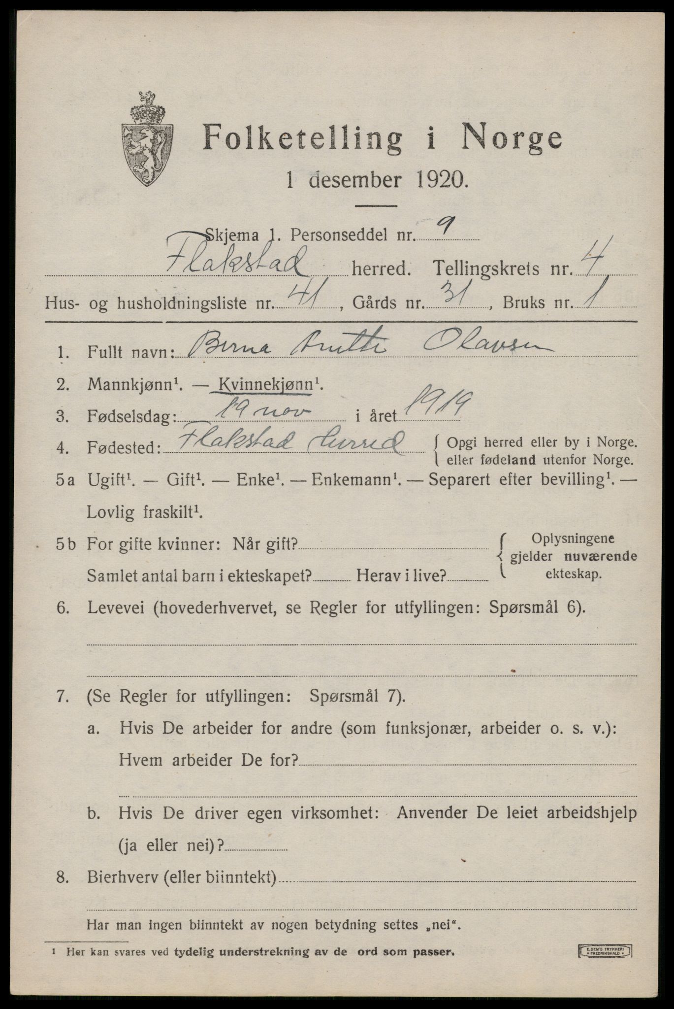SAT, 1920 census for Flakstad, 1920, p. 3389