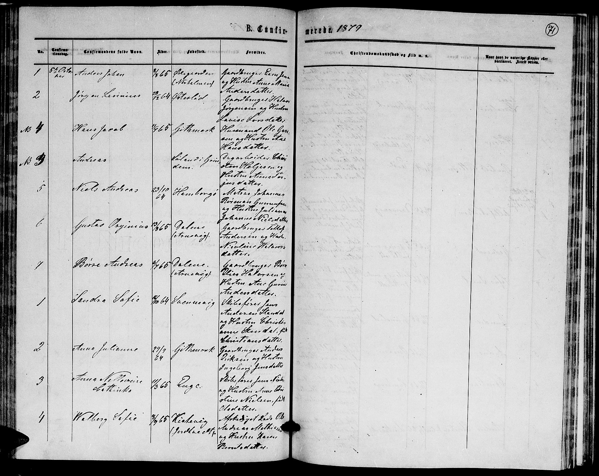 Hommedal sokneprestkontor, AV/SAK-1111-0023/F/Fb/Fba/L0003: Parish register (copy) no. B 3, 1863-1884, p. 71