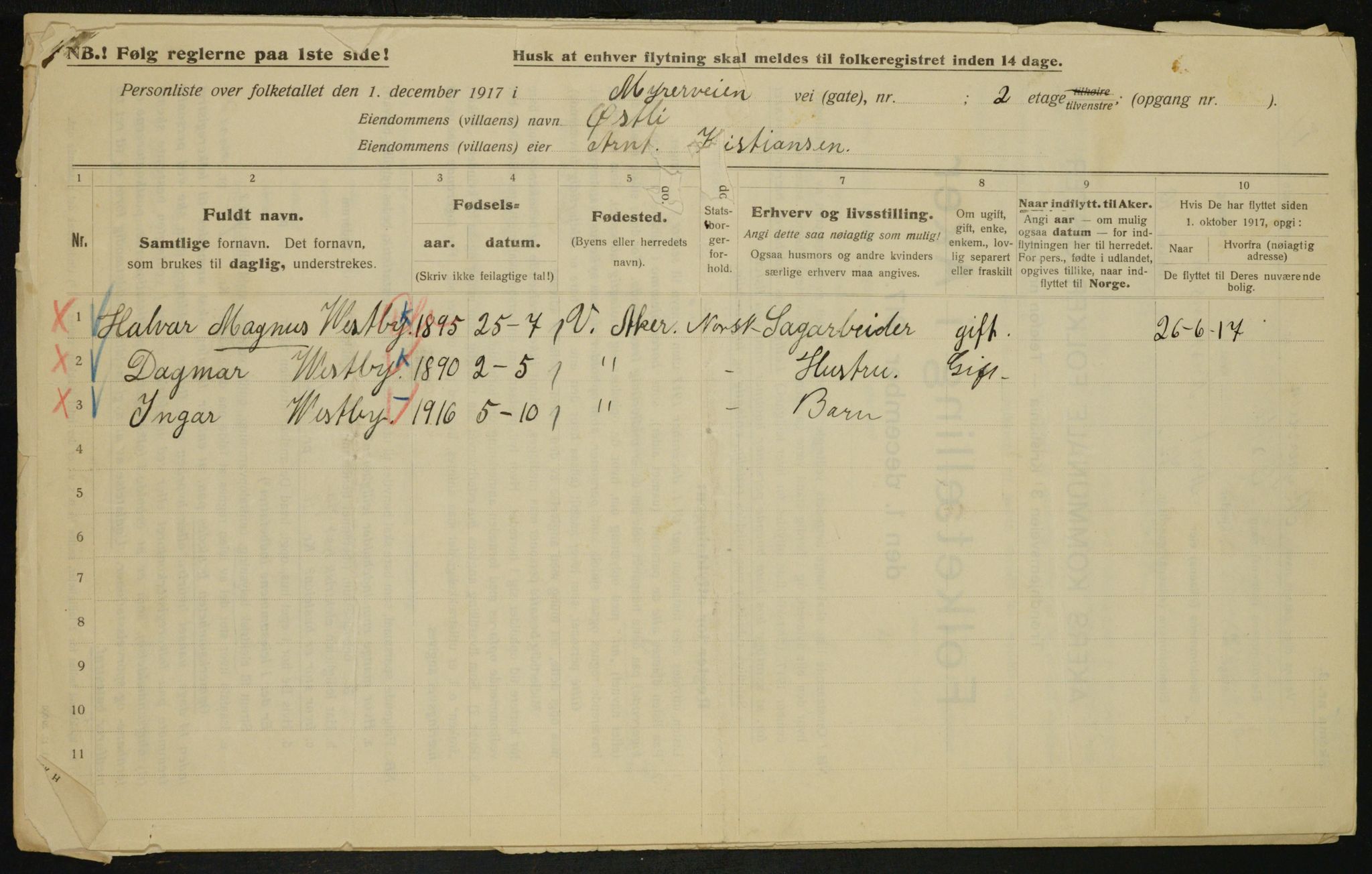 OBA, Municipal Census 1917 for Aker, 1917, p. 14156