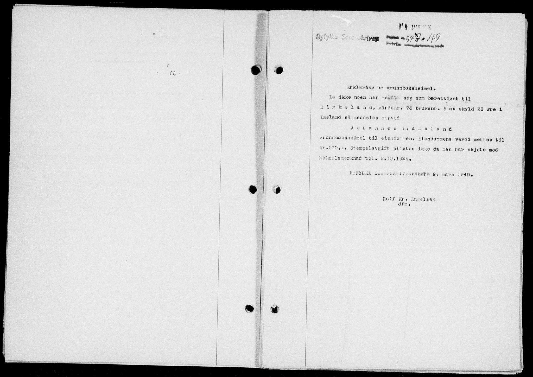 Ryfylke tingrett, AV/SAST-A-100055/001/II/IIB/L0104: Mortgage book no. 83, 1948-1949, Diary no: : 347/1949