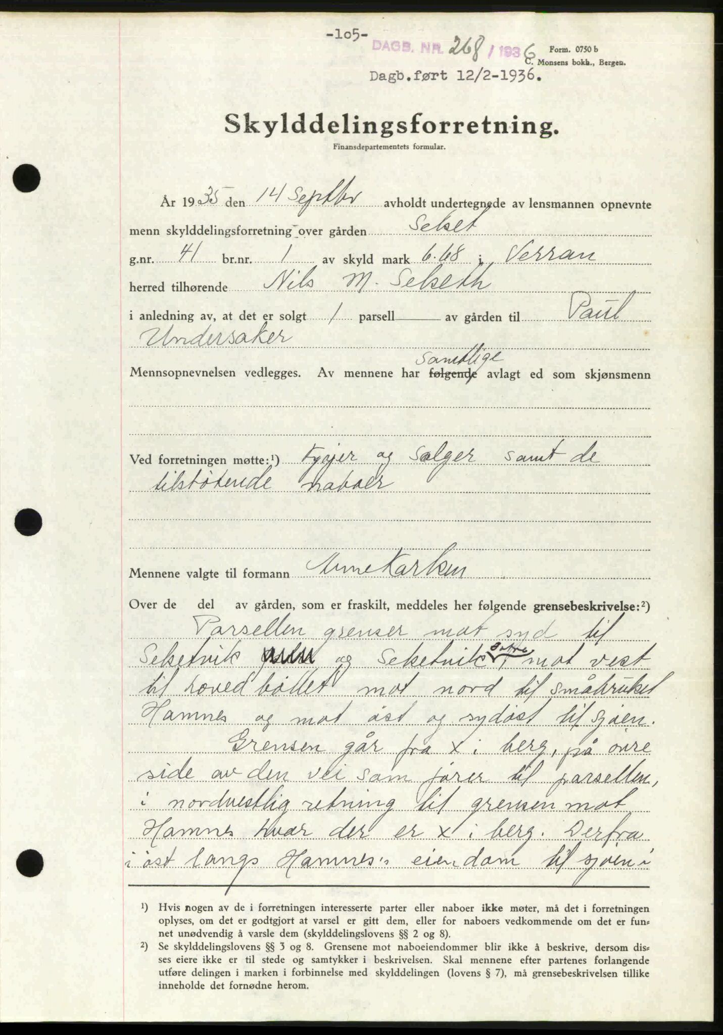 Inderøy sorenskriveri, AV/SAT-A-4147/1/2/2C: Mortgage book no. A 1, 1936-1936, p. 105, Diary no: : 268/1936