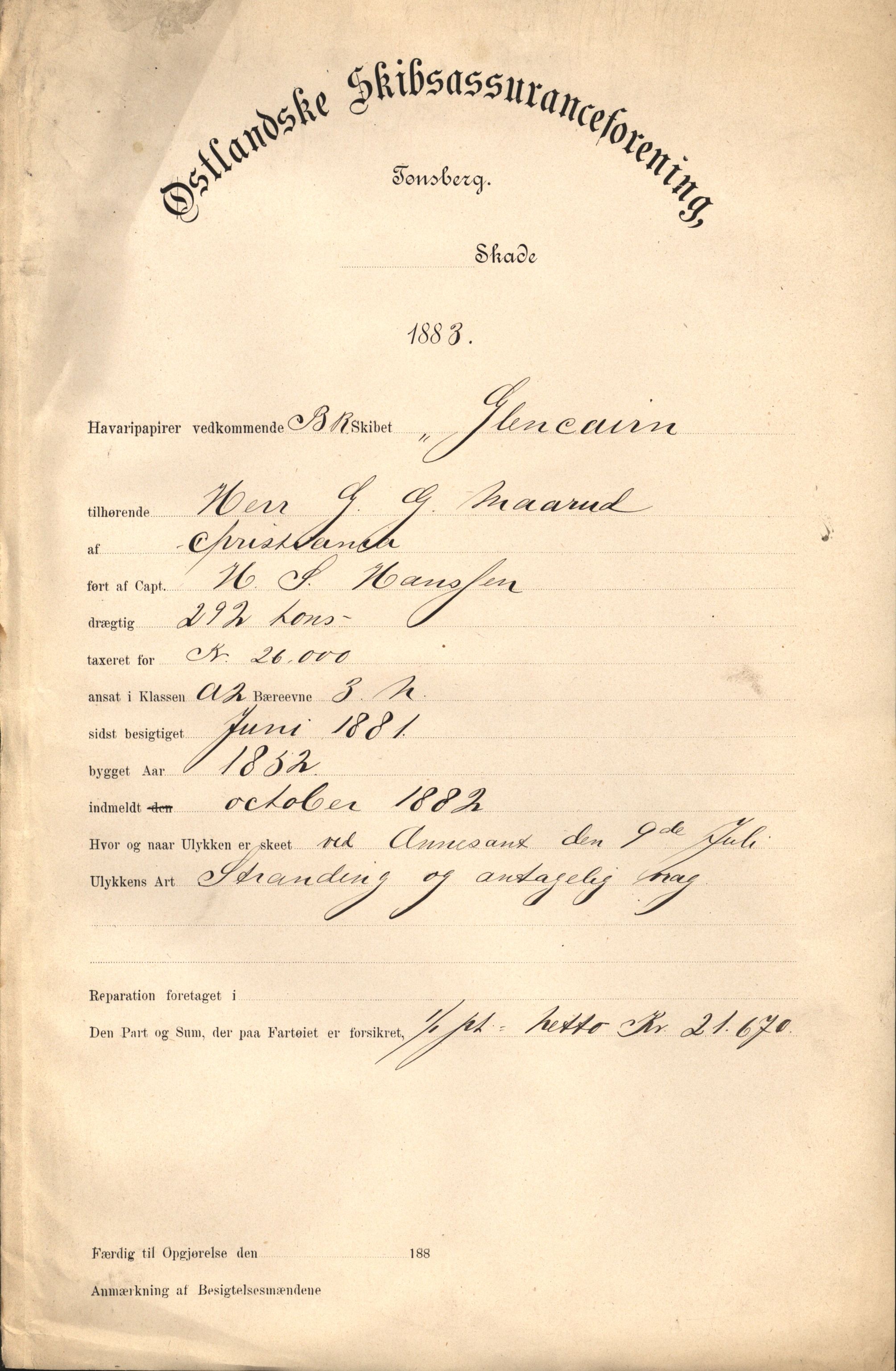 Pa 63 - Østlandske skibsassuranceforening, VEMU/A-1079/G/Ga/L0016/0002: Havaridokumenter / Brage, Frithof, Galis, Glencairn, Flink, 1883, p. 46