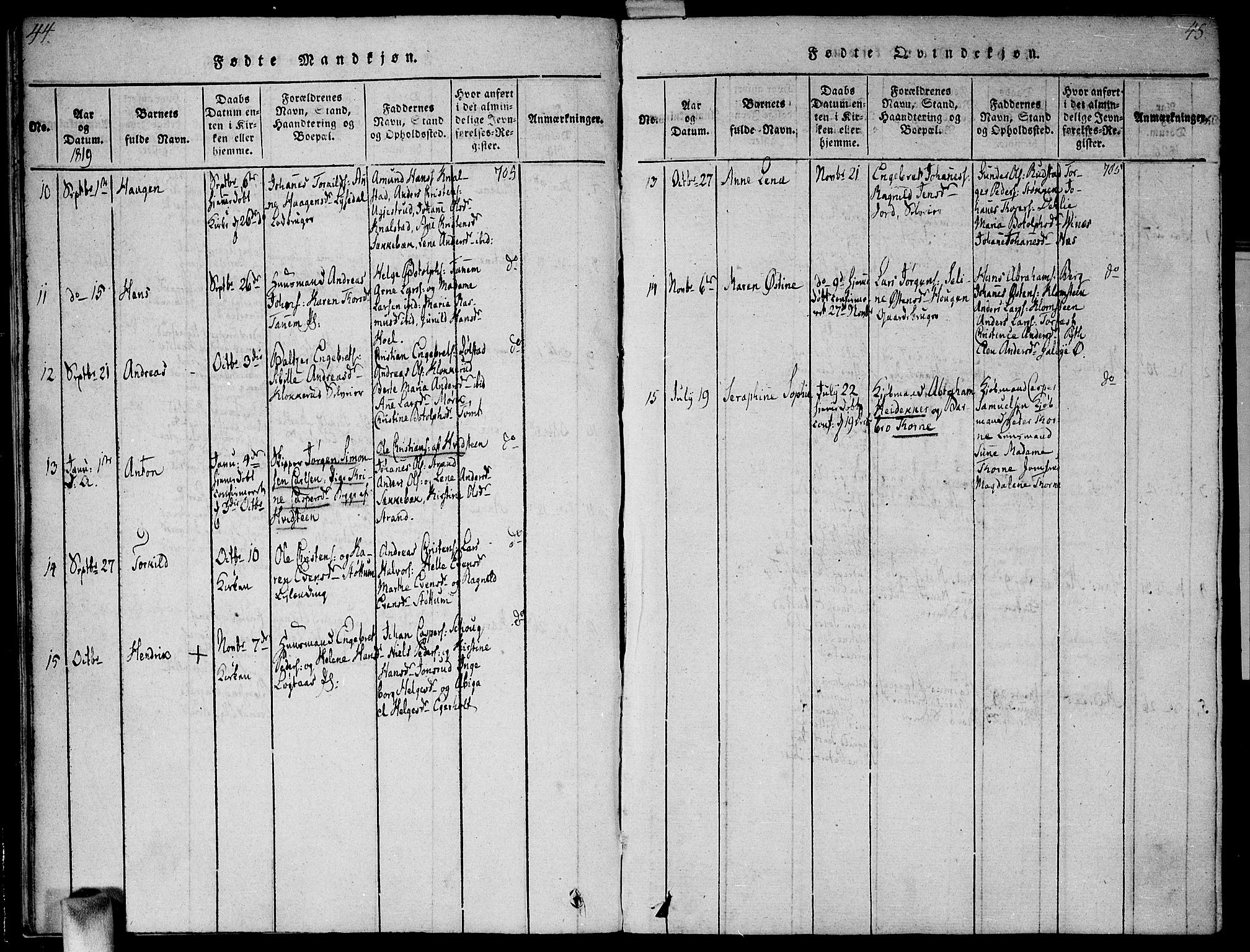 Vestby prestekontor Kirkebøker, SAO/A-10893/G/Ga/L0001: Parish register (copy) no. I 1, 1814-1827, p. 44-45