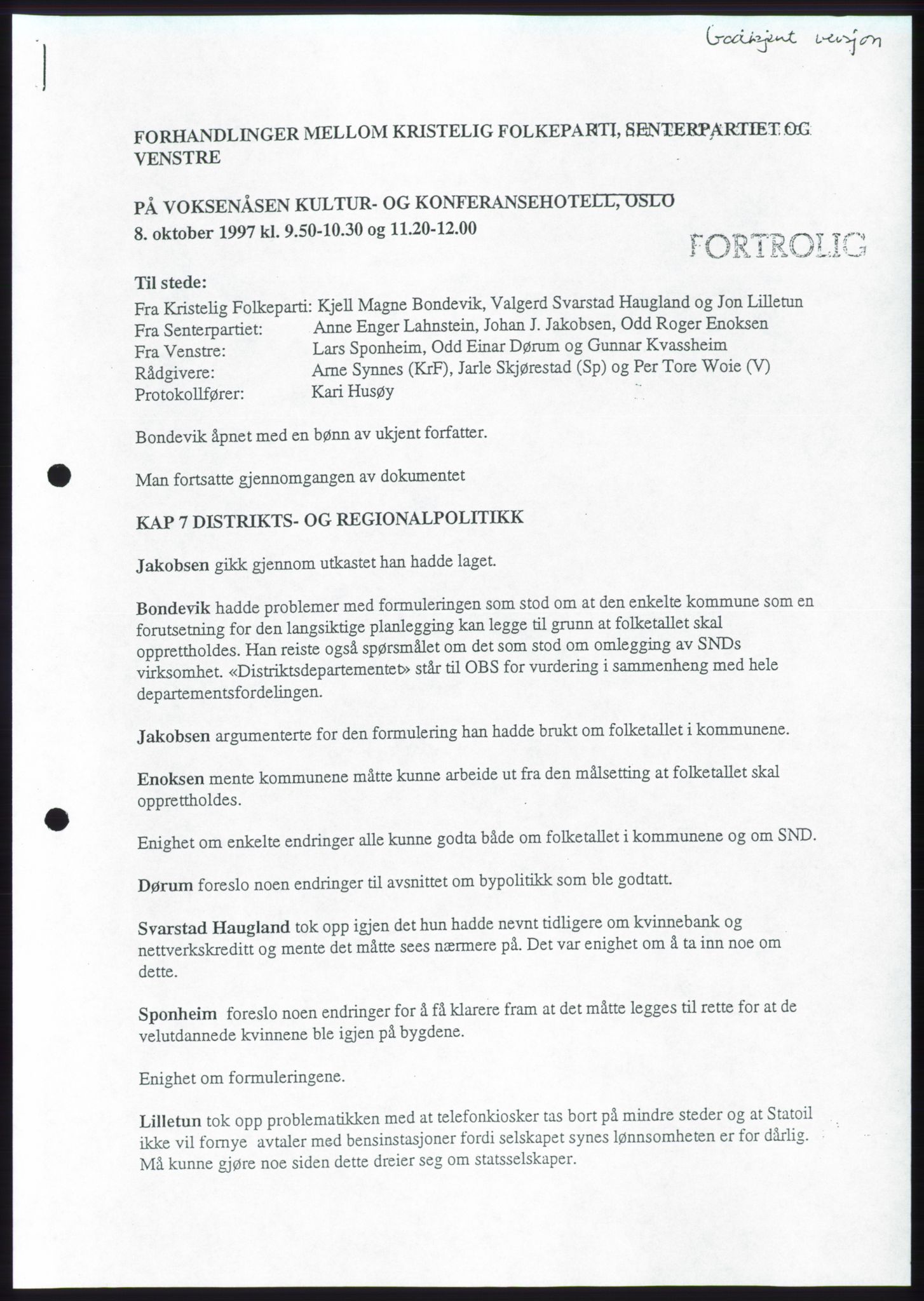 Forhandlingene mellom Kristelig Folkeparti, Senterpartiet og Venstre om dannelse av regjering, RA/PA-1073/A/L0001: Forhandlingsprotokoller, 1997, p. 108